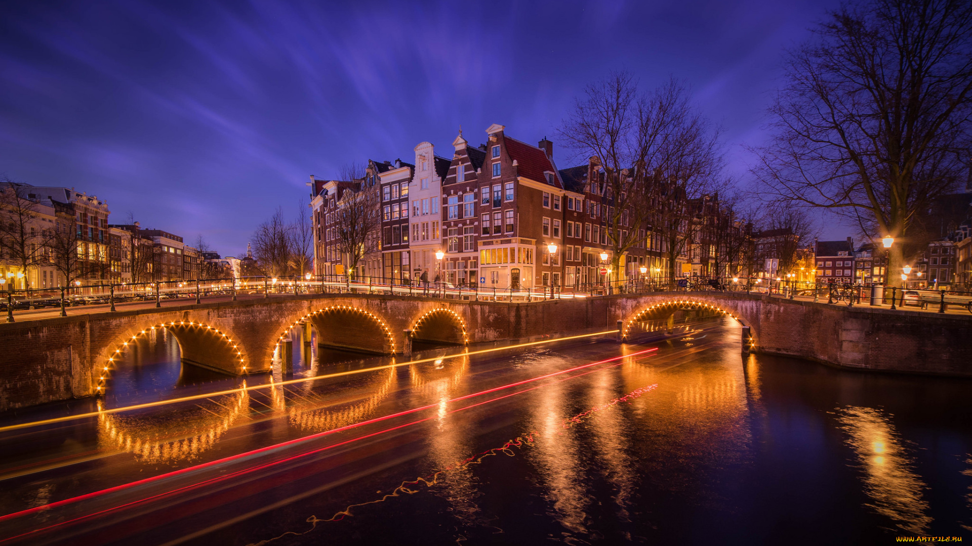 города, -, мосты, нидерланды, амстердам, мост, огни, канал, деревья, дома