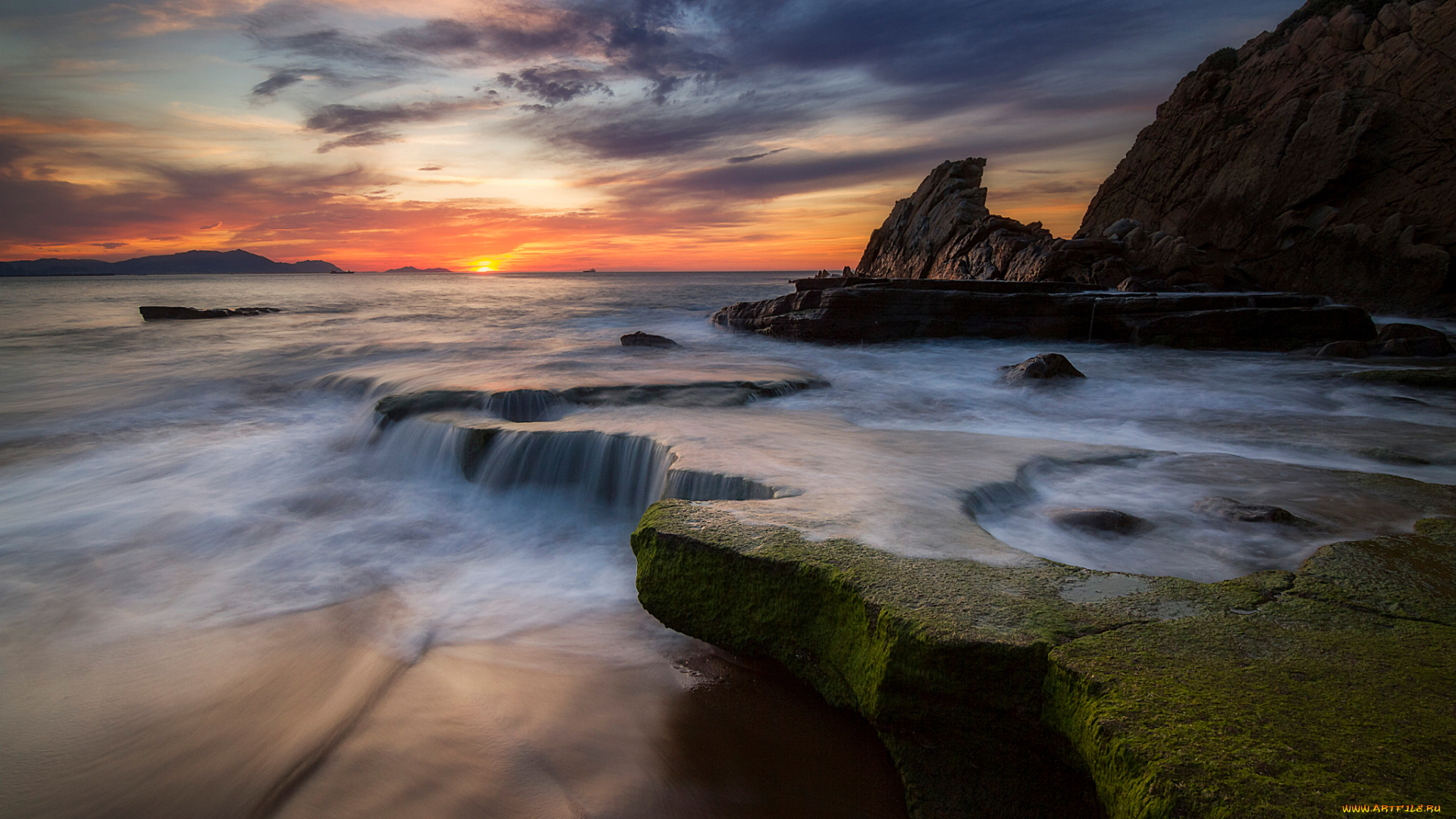 природа, побережье, испания, azkorri, beach, пляж, скалы, небо, вода, выдержка