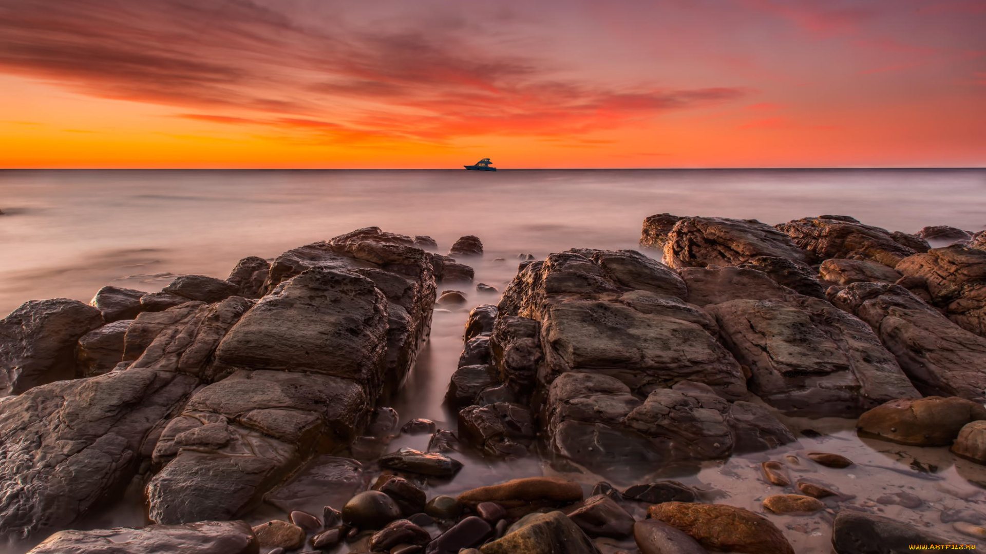 природа, побережье, рассвет, океан, камни, берег, вид, горизонт, яхта