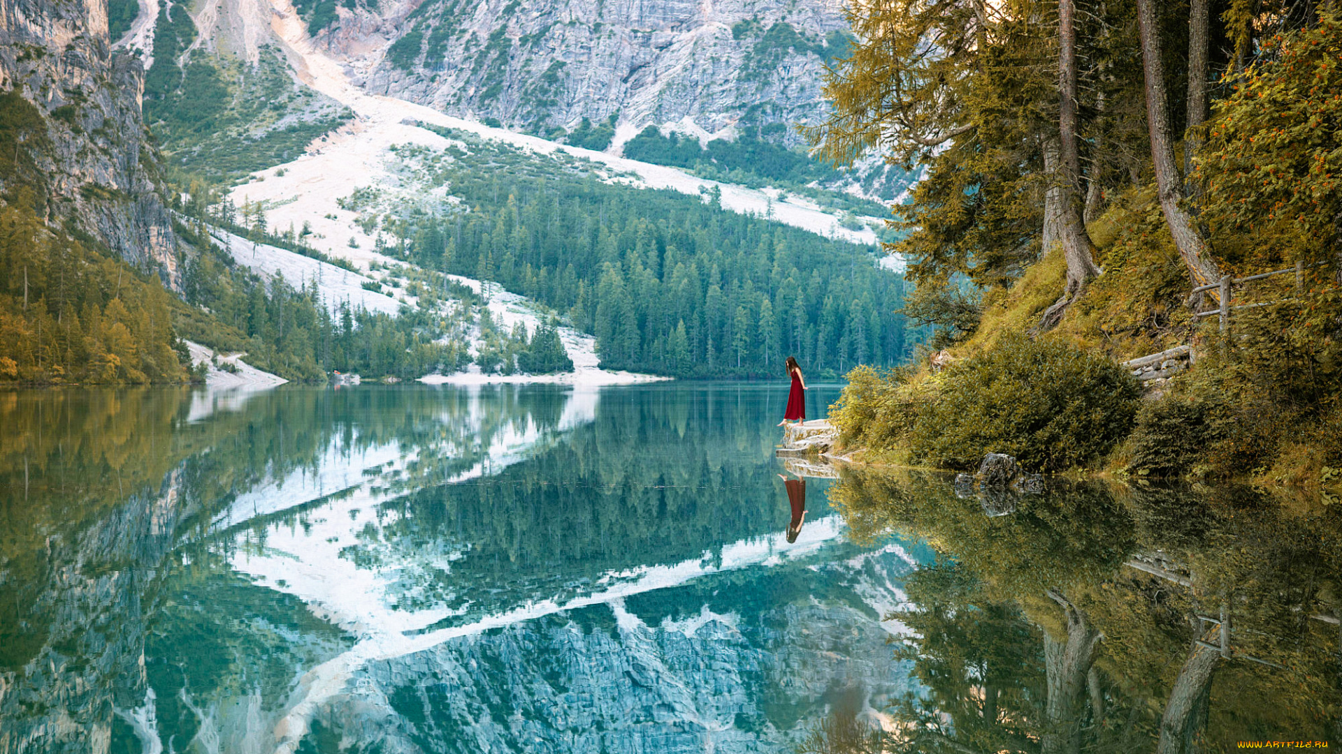 природа, реки, озера, one, step, ahead, река, горы, деревья, девушка, отражение