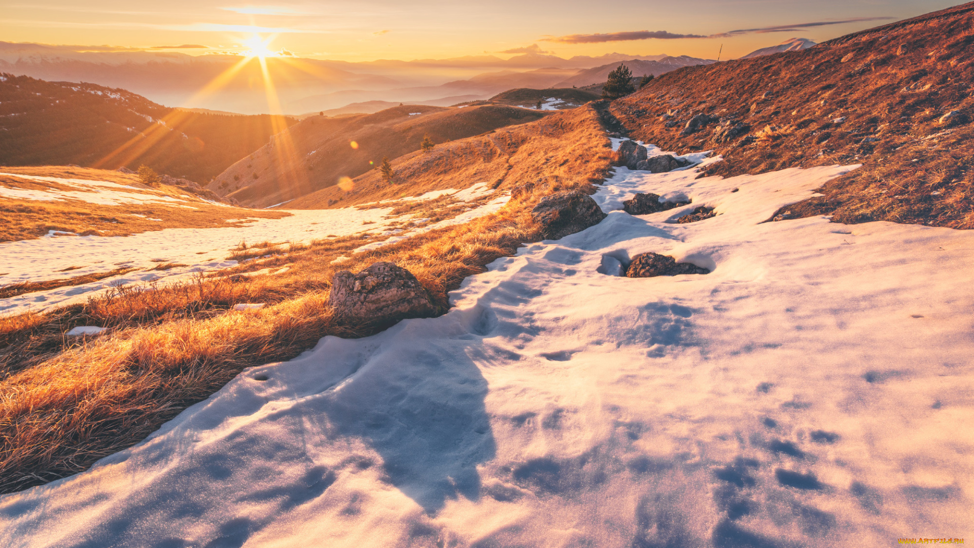 природа, восходы, закаты, evening, rocks, snow, grass, fog, mountains, вечер, скалы, снег, трава, туман, горы