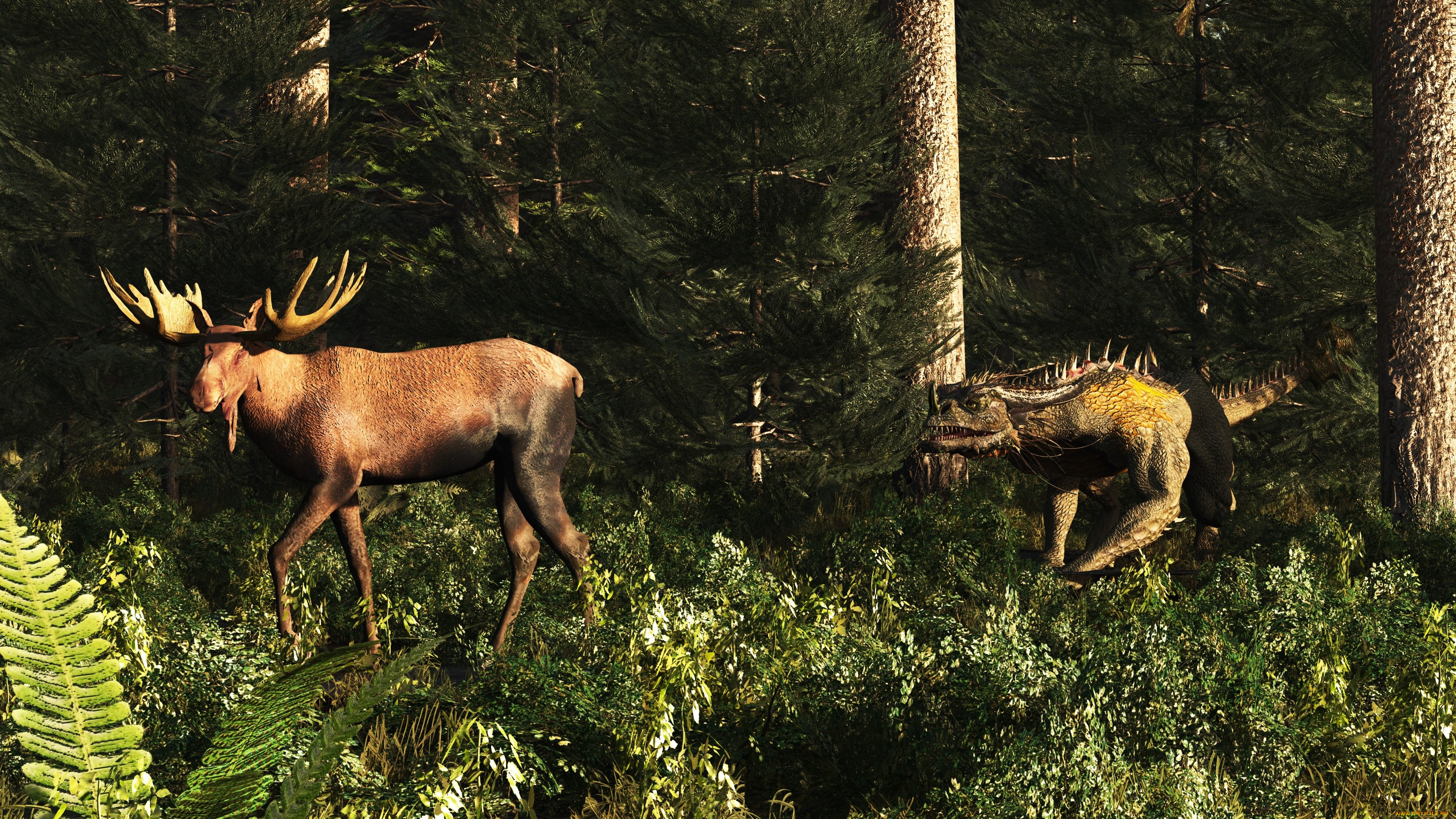 3д, графика, животные, , animals, дракон, лес, олень