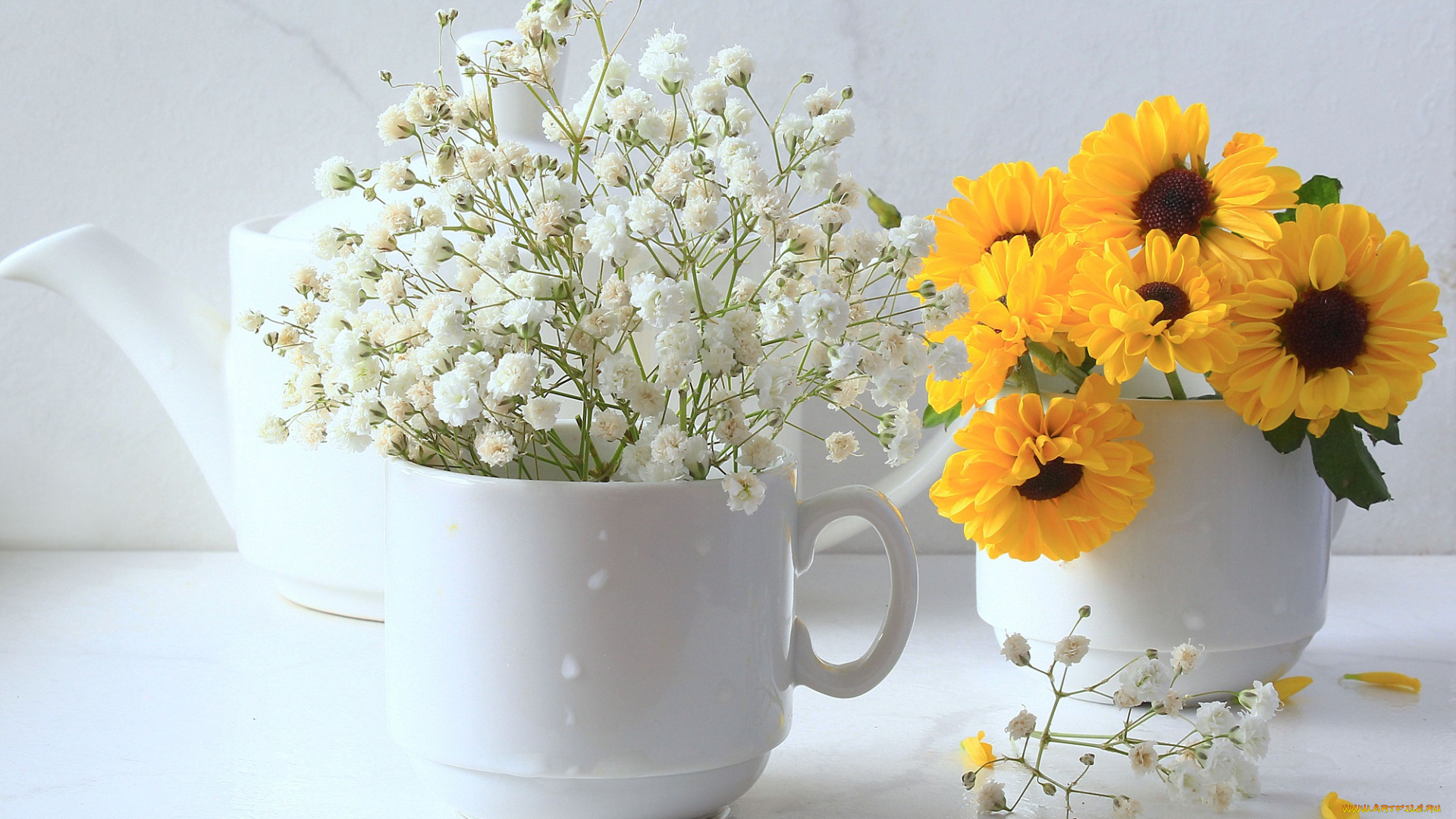 цветы, разные, вместе, композиция, июль, жёлтые, натюрморт, лето, посуда