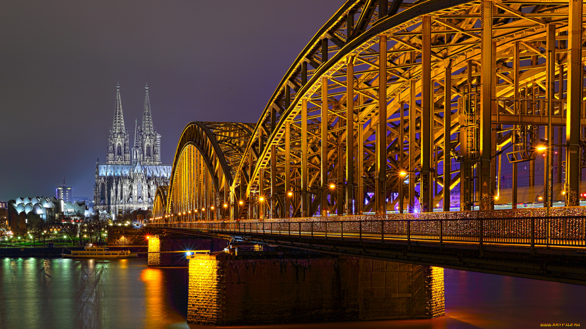 hohenzollernbridge, with, cathedral, города, -, огни, ночного, города, простор