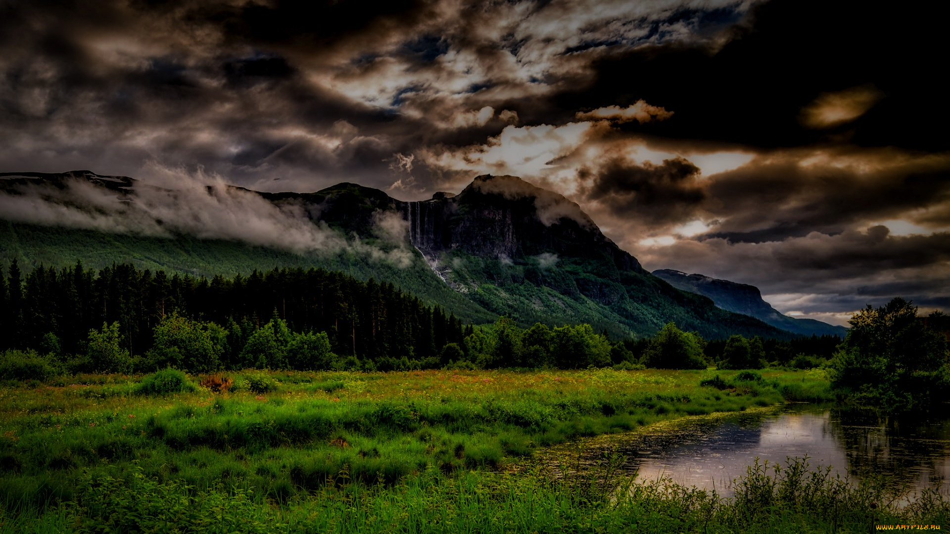 природа, пейзажи, облака, река, горы