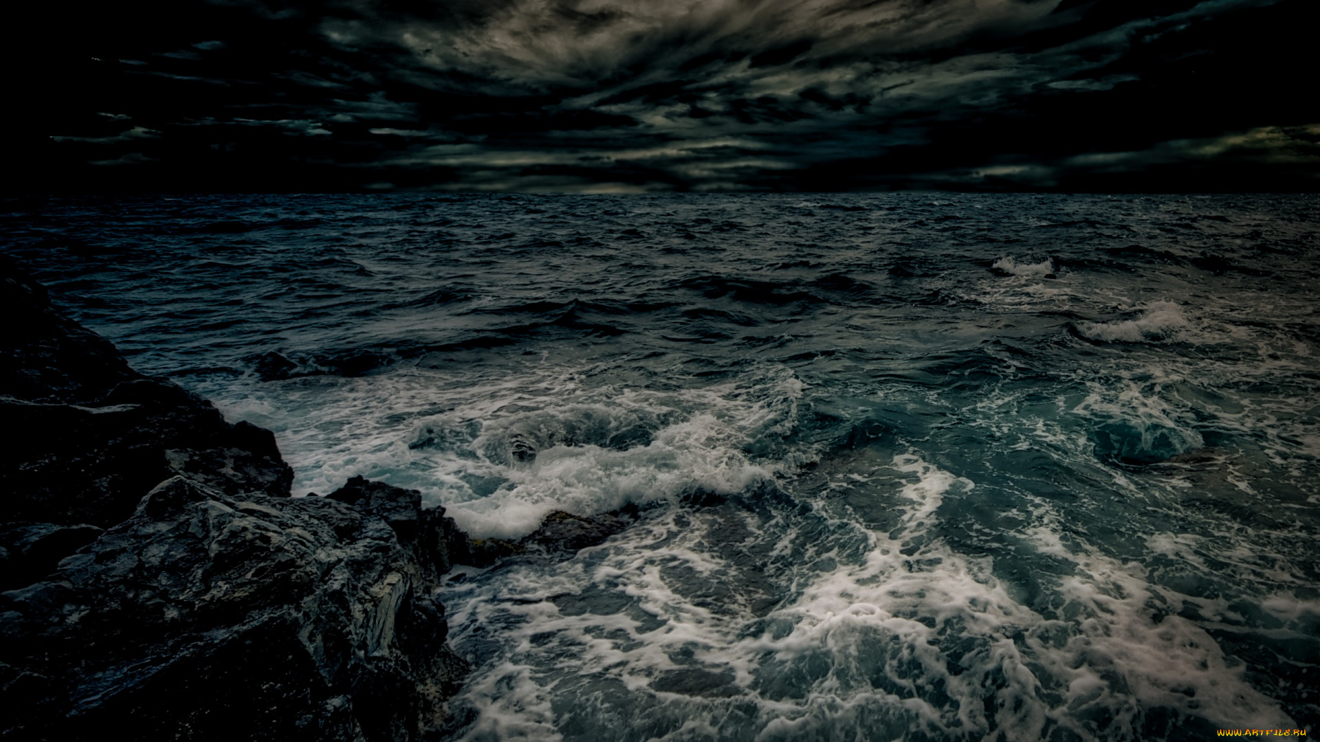 природа, побережье, камни, море, ночь