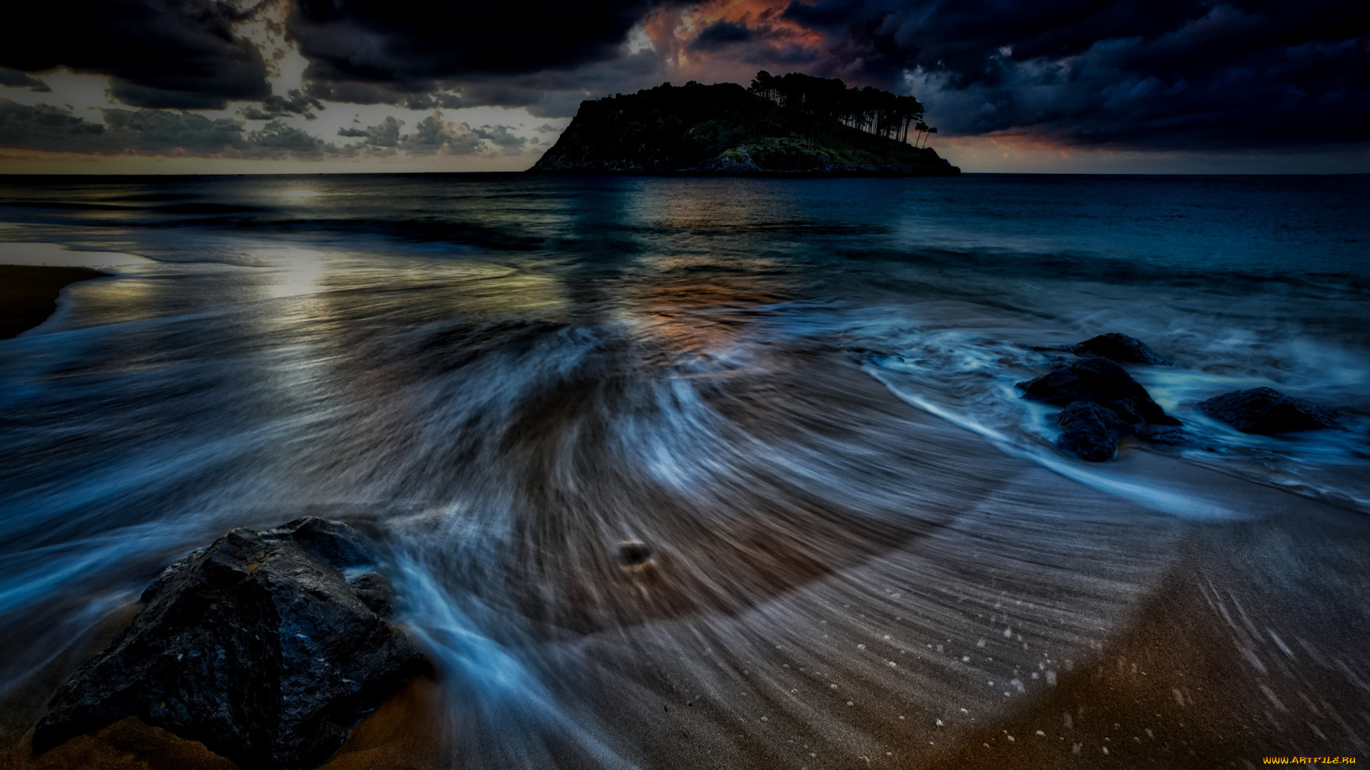природа, побережье, море, камни, ночь, облака