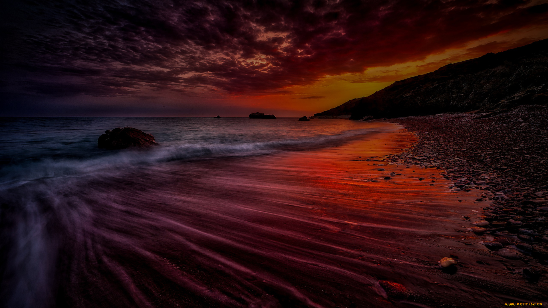 природа, побережье, море, облака, камни, ночь