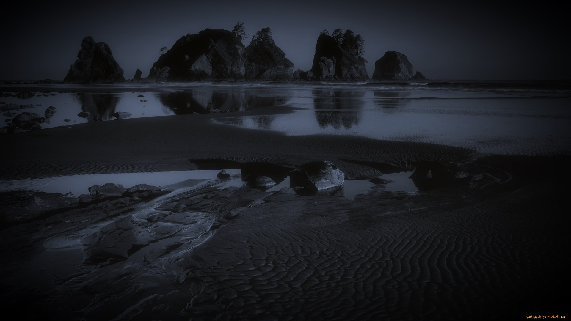 природа, побережье, пляж, море, камни, ночь