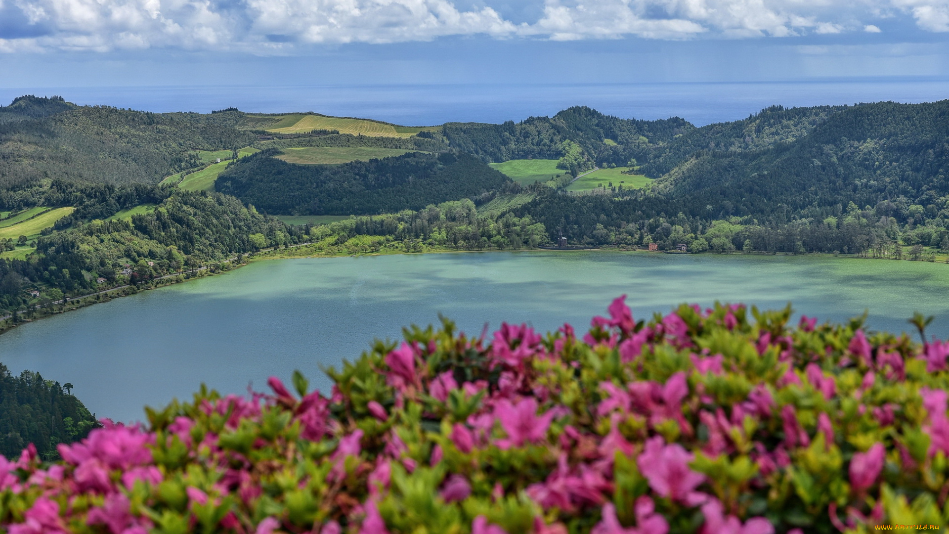природа, реки, озера, цветы, весна, панорамы, озеро, фурнаш, португалия, сан, мигель, зелень, облака, азорские, острова, азоры, остров