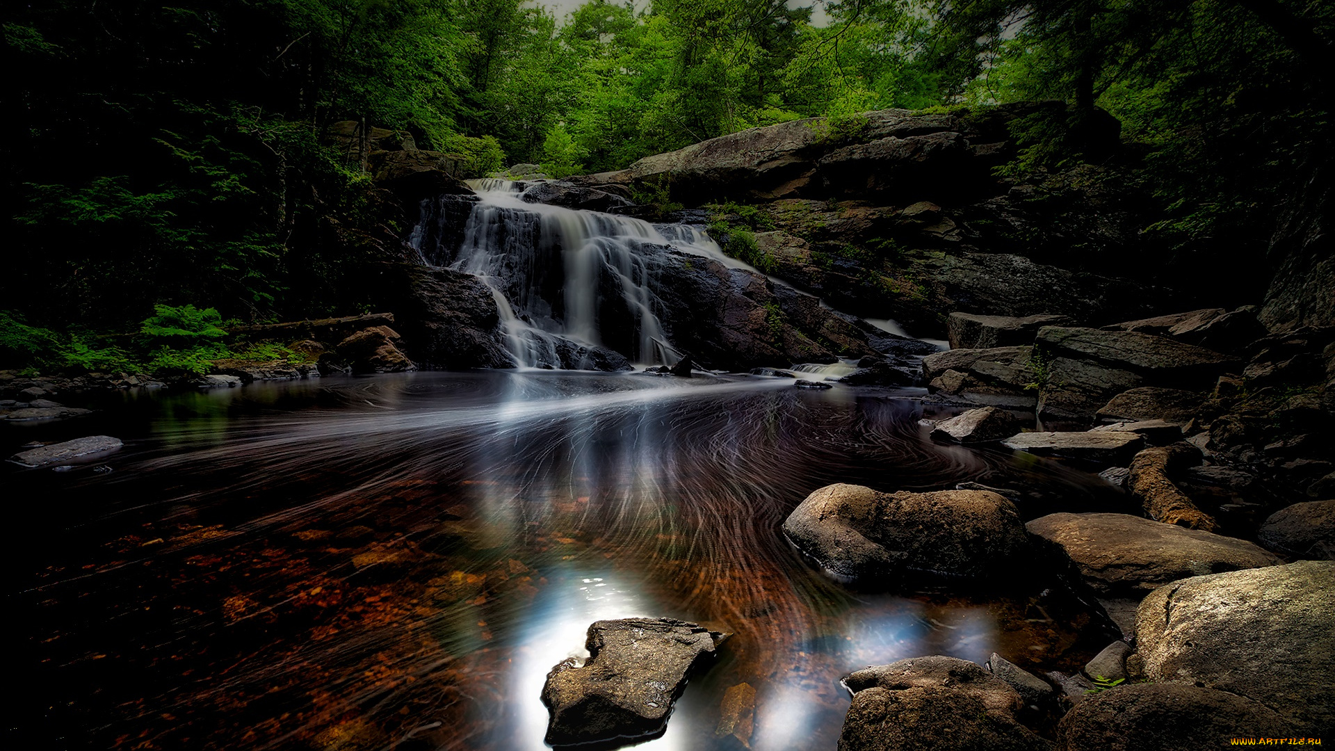 природа, водопады, ночь, поток, скала