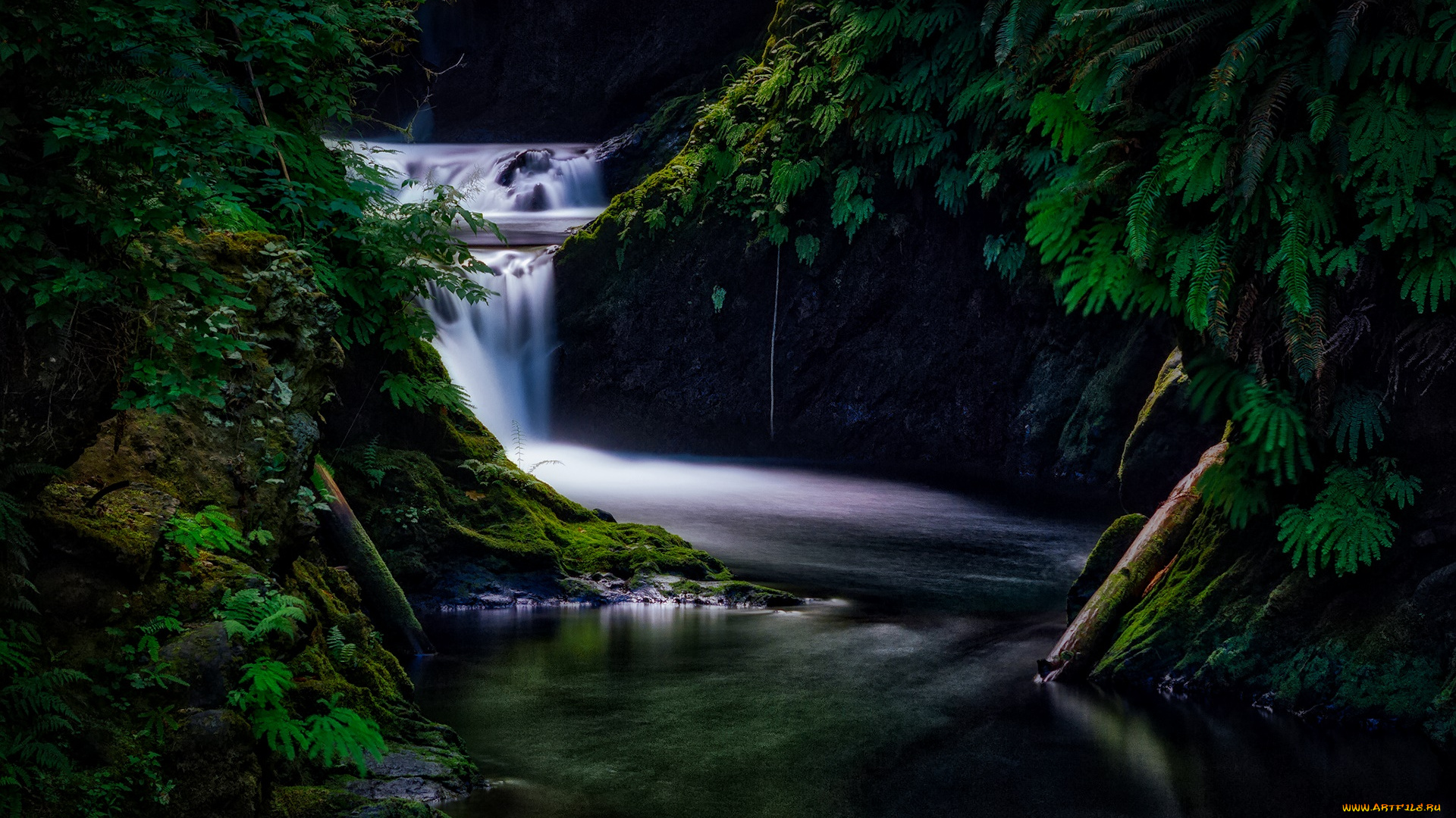 природа, водопады, поток, скалы, ночь