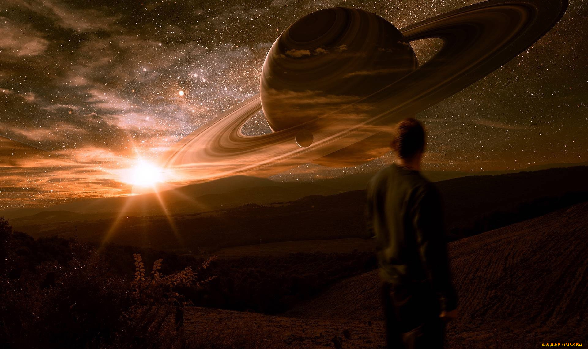 космос, арт, свет, облака, звезды, человек, кольца, небо, лес