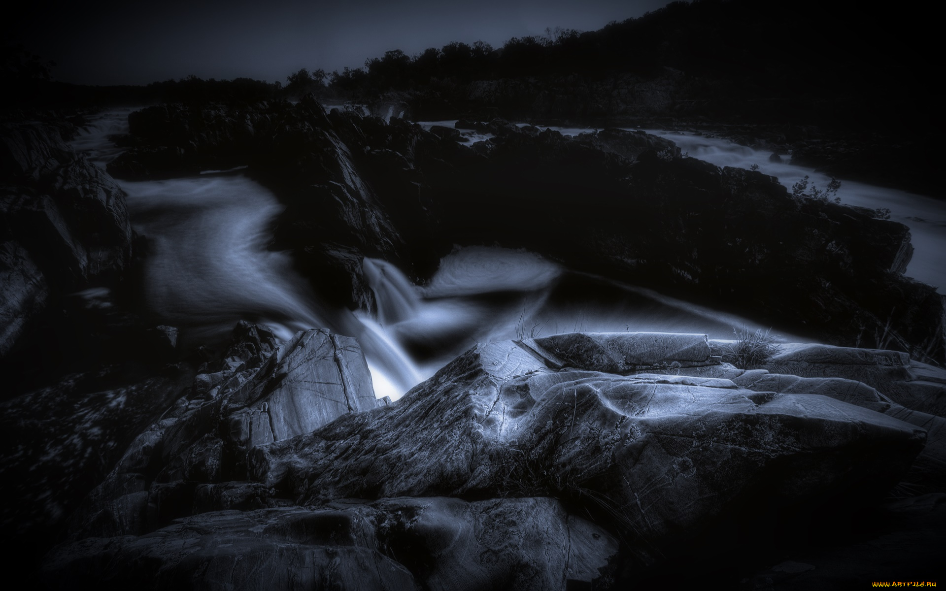 природа, горы, ночь, поток