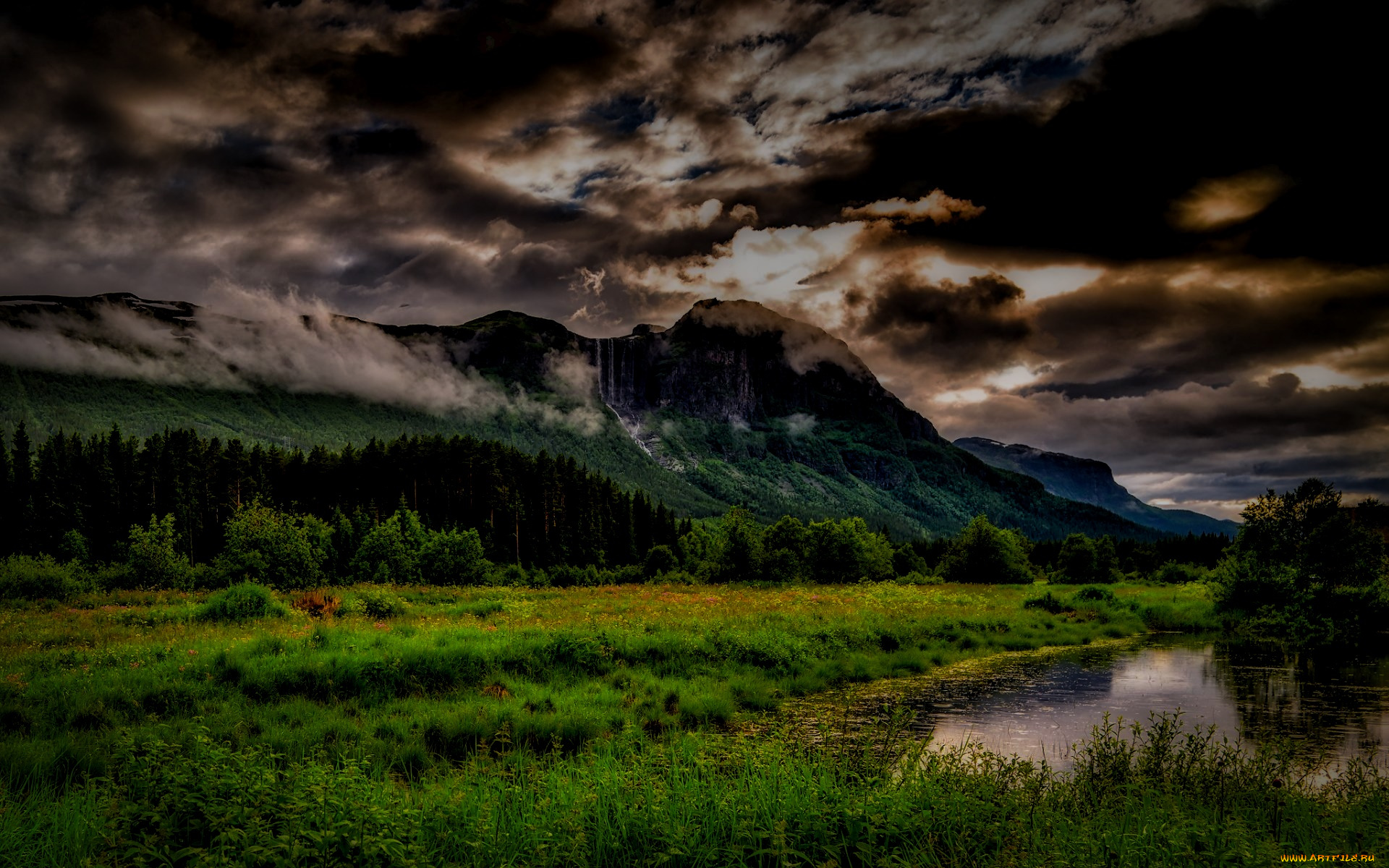 природа, пейзажи, облака, река, горы