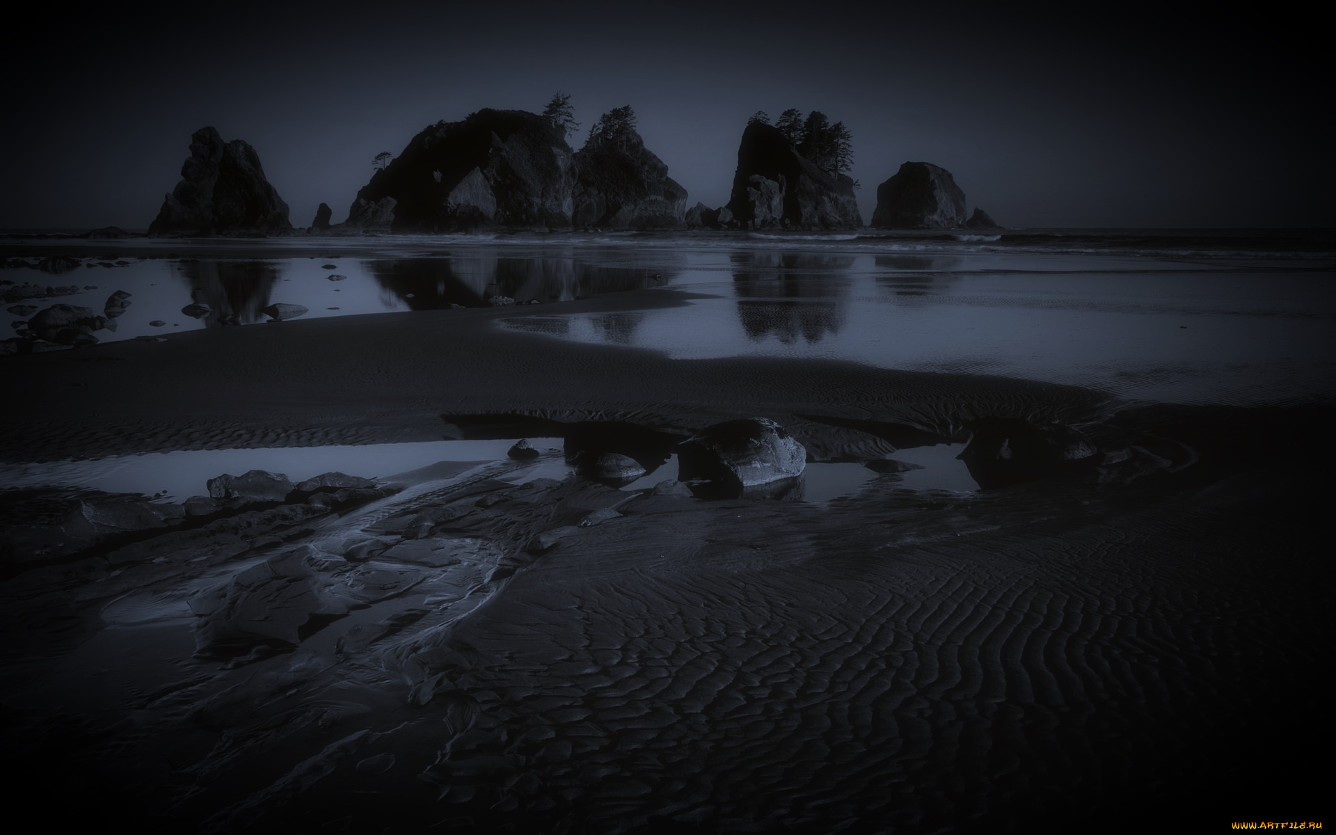 природа, побережье, пляж, море, камни, ночь