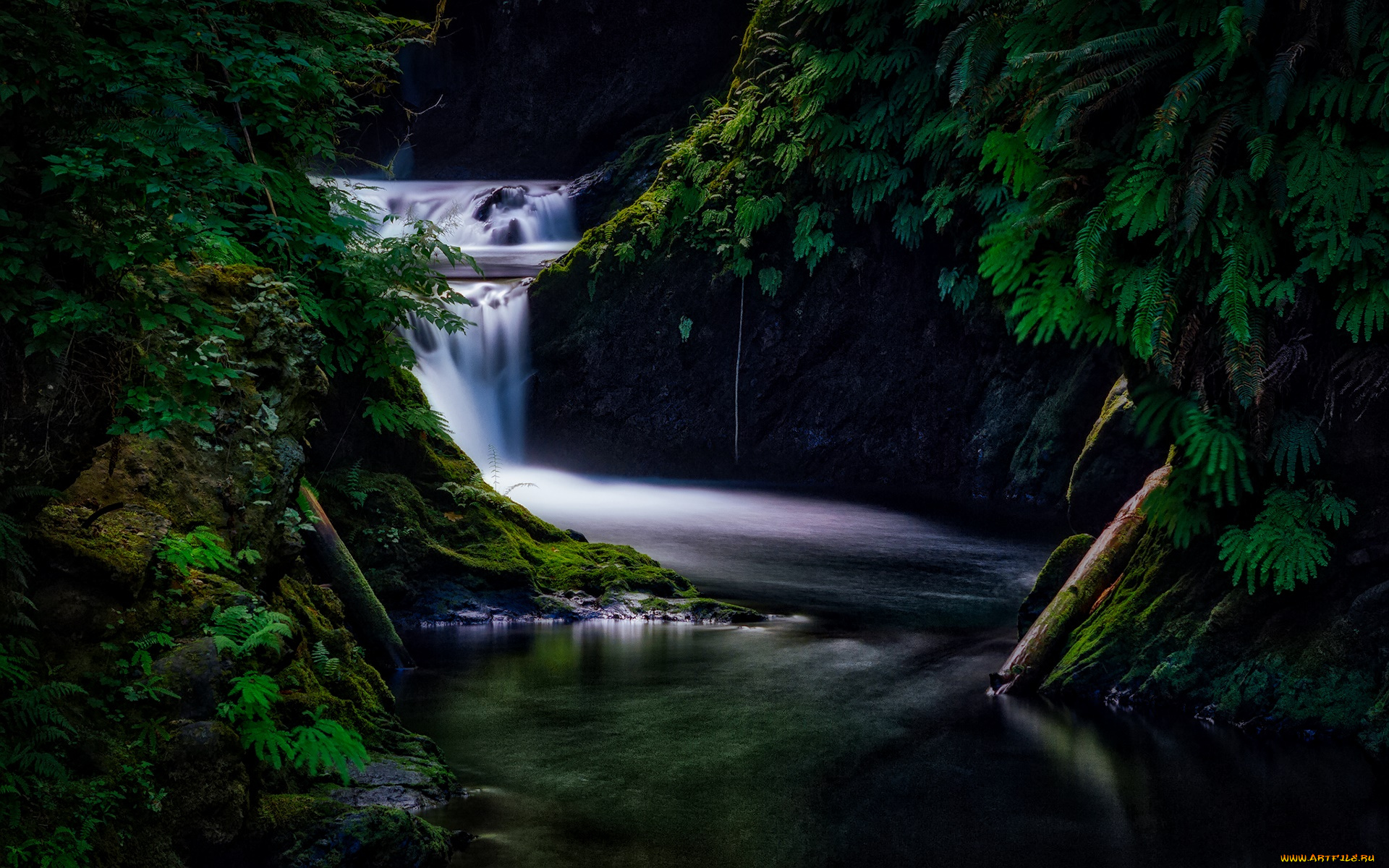 природа, водопады, поток, скалы, ночь