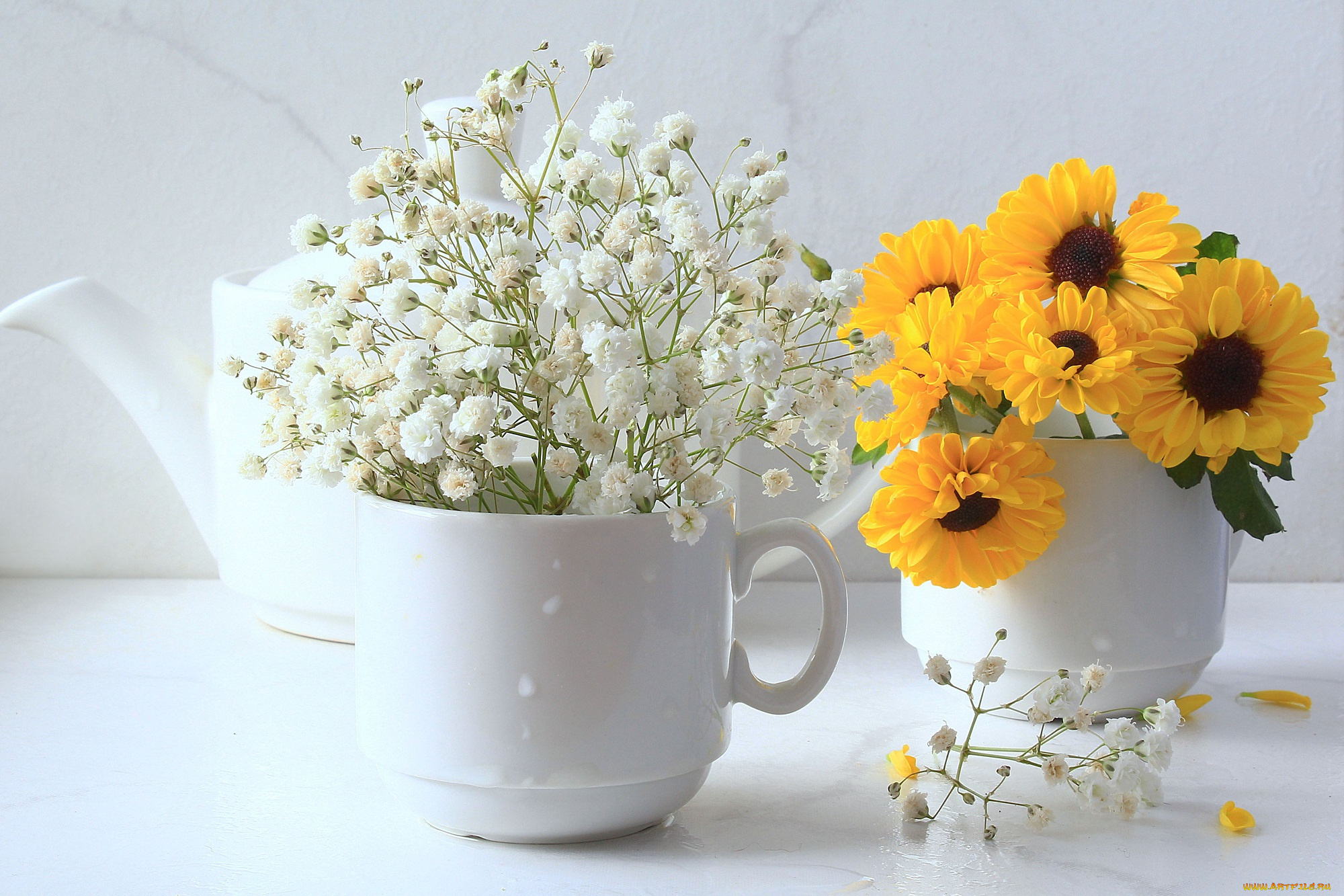цветы, разные, вместе, композиция, июль, жёлтые, натюрморт, лето, посуда