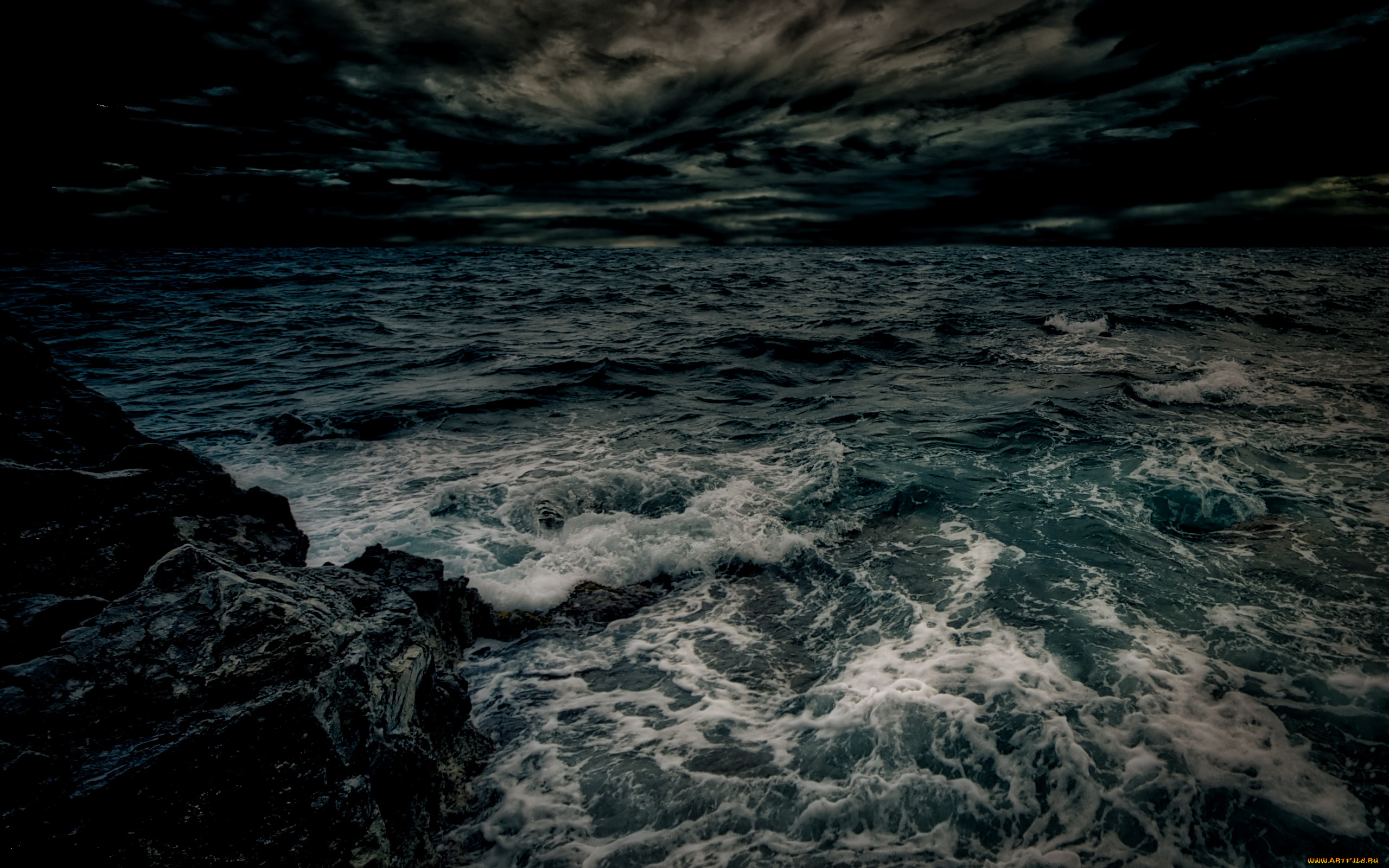 природа, побережье, камни, море, ночь