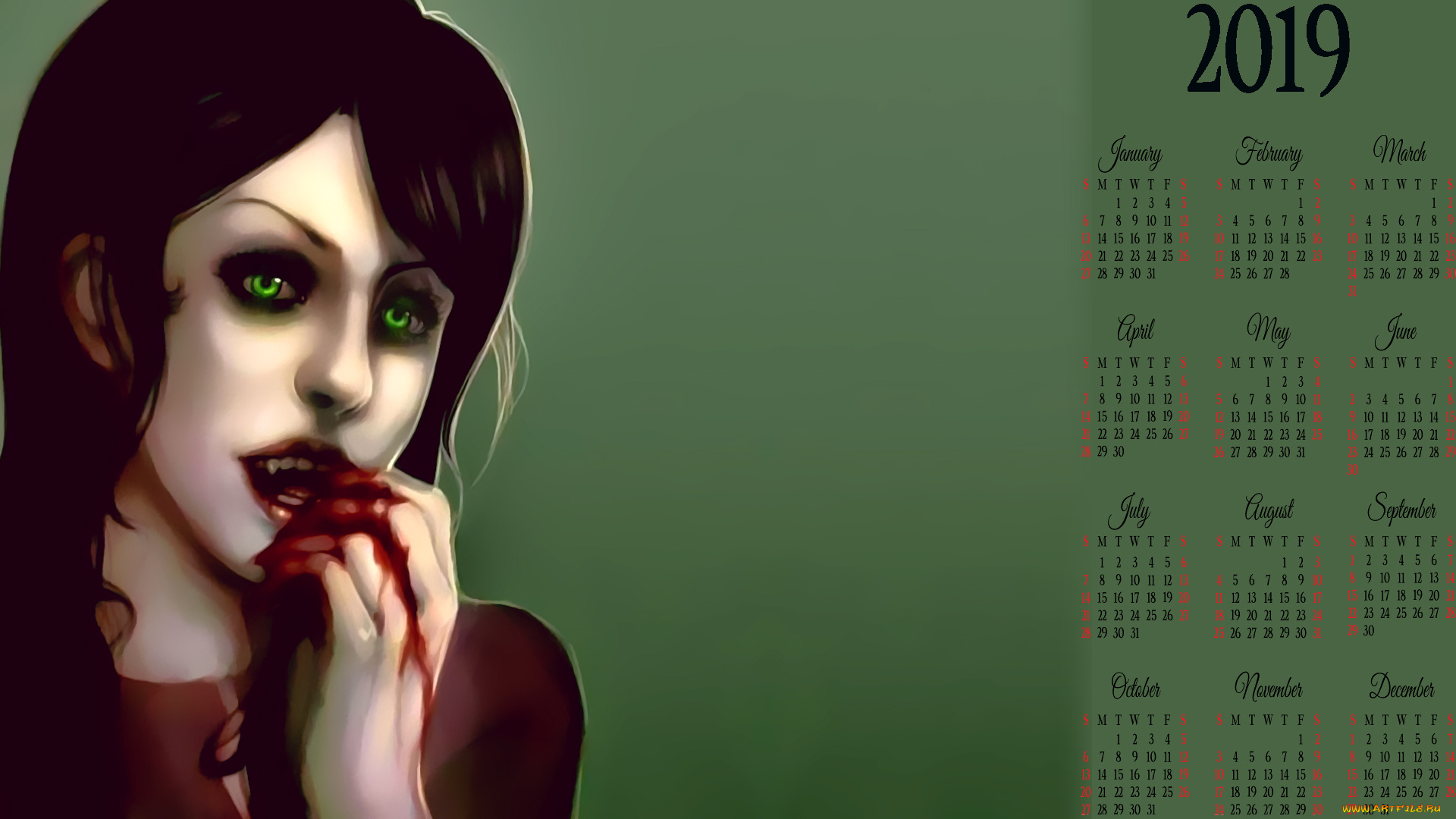 календари, фэнтези, 2019, девушка, calendar, кровь, вампир
