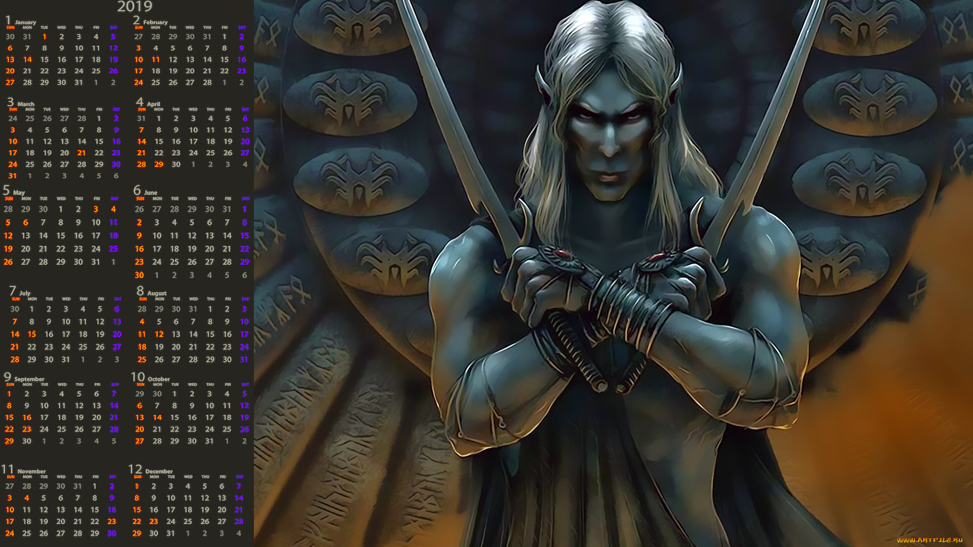 календари, фэнтези, существо, эльф, оружие, взгляд, calendar, 2019, мужчина