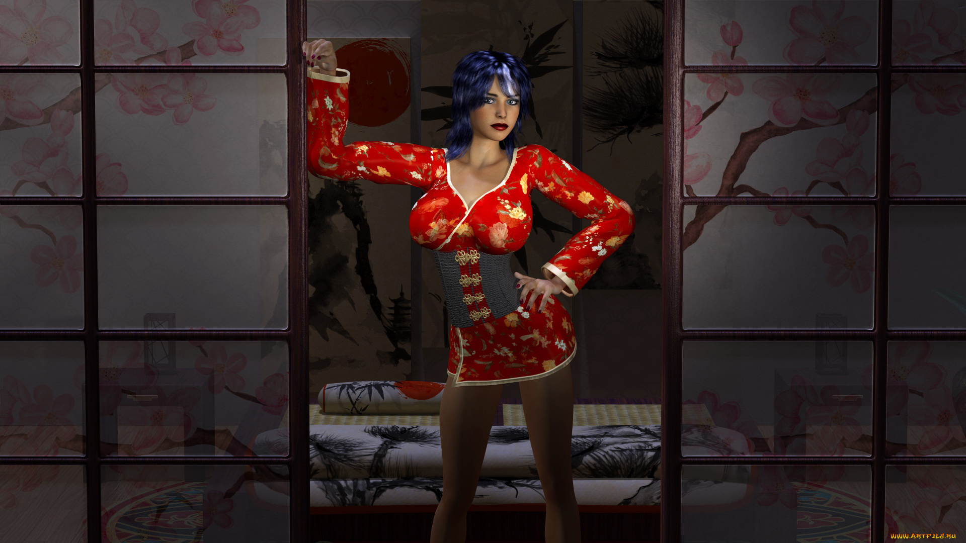 3д, графика, люди, , people, девушка, фон, взгляд, кимоно