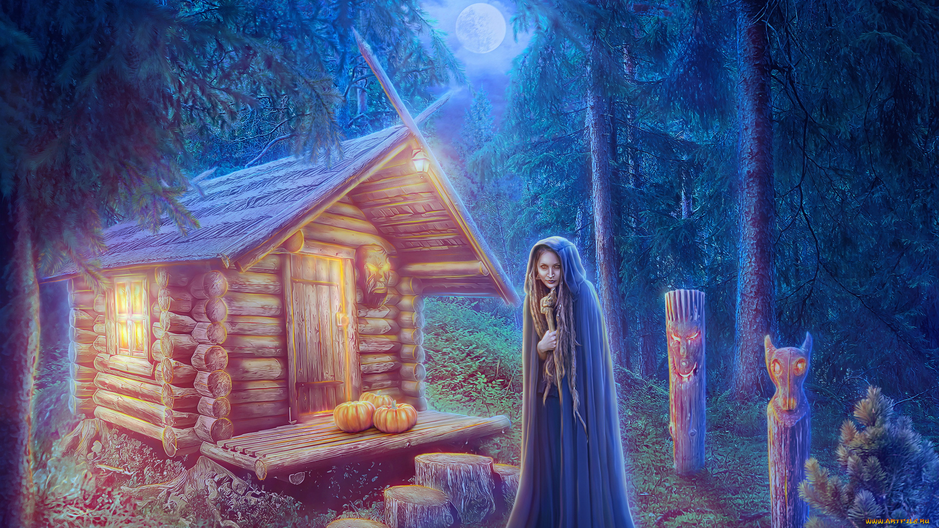 фэнтези, маги, , волшебники, девушка, фон, взгляд, избушка