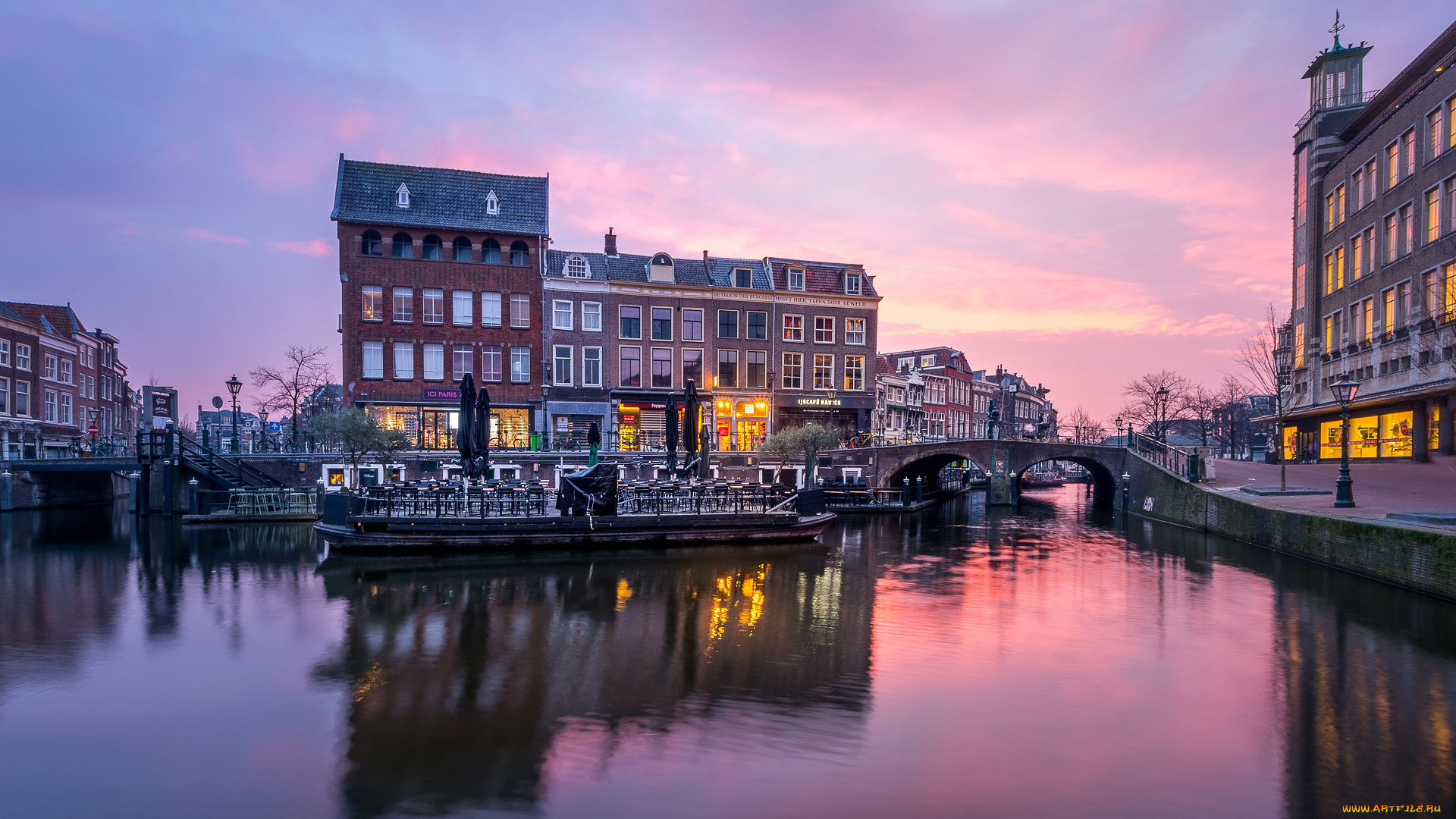 города, амстердам, , нидерланды, канал, вечер, огни