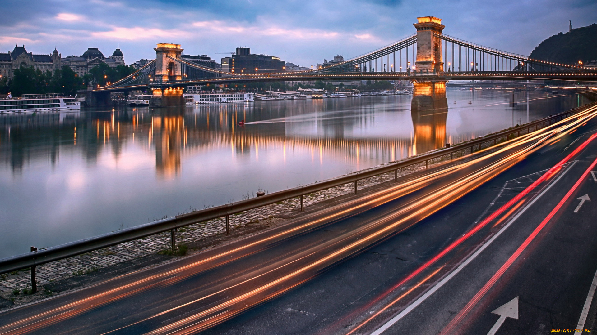 города, будапешт, , венгрия, река, дунай, панорама, мост, вечер, огни