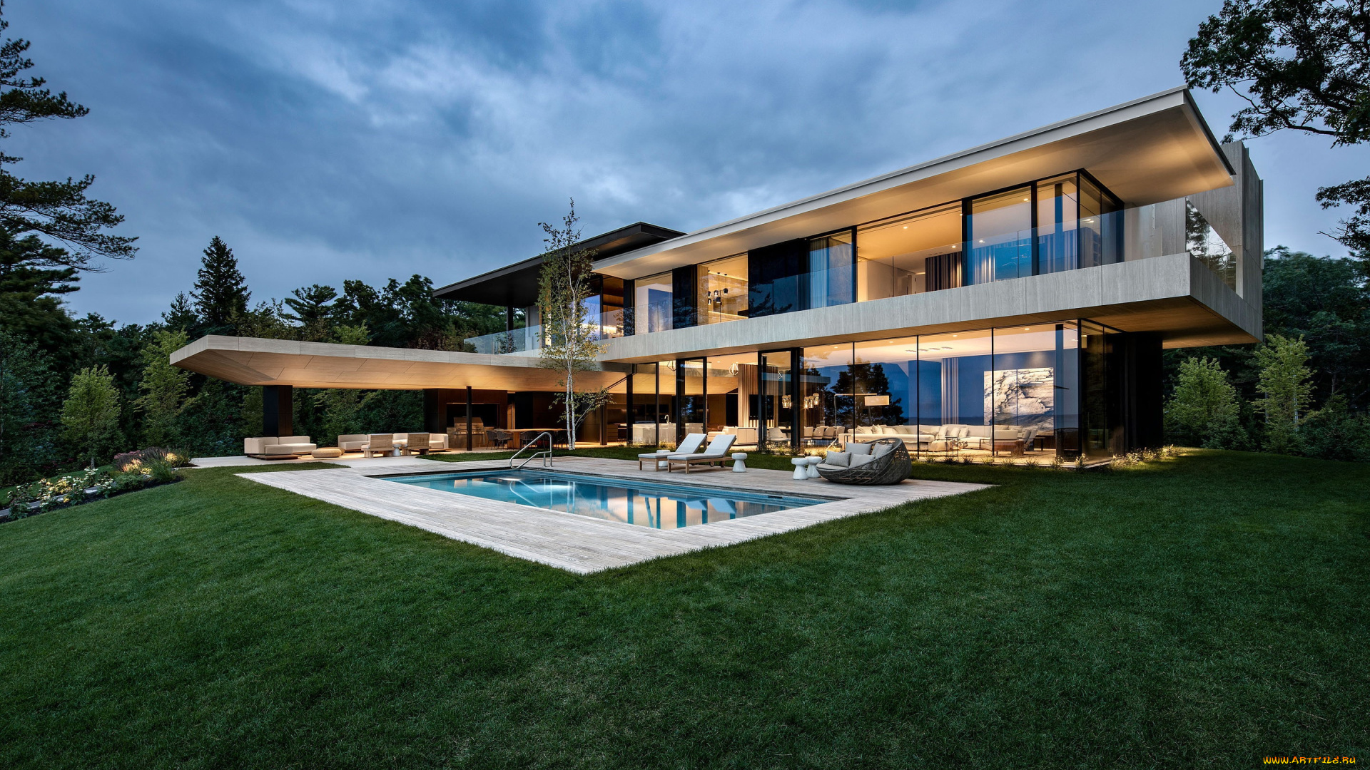 города, -, здания, , дома, вилла, вечер, бассейн, освещение, архитектура, canada, терраса, ontario, lake, huron, by, saota, residence