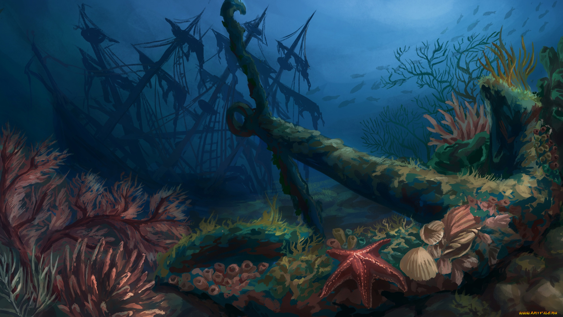 рисованное, -, другое, море, корабль, дно, якорь, ракушки, водоросли