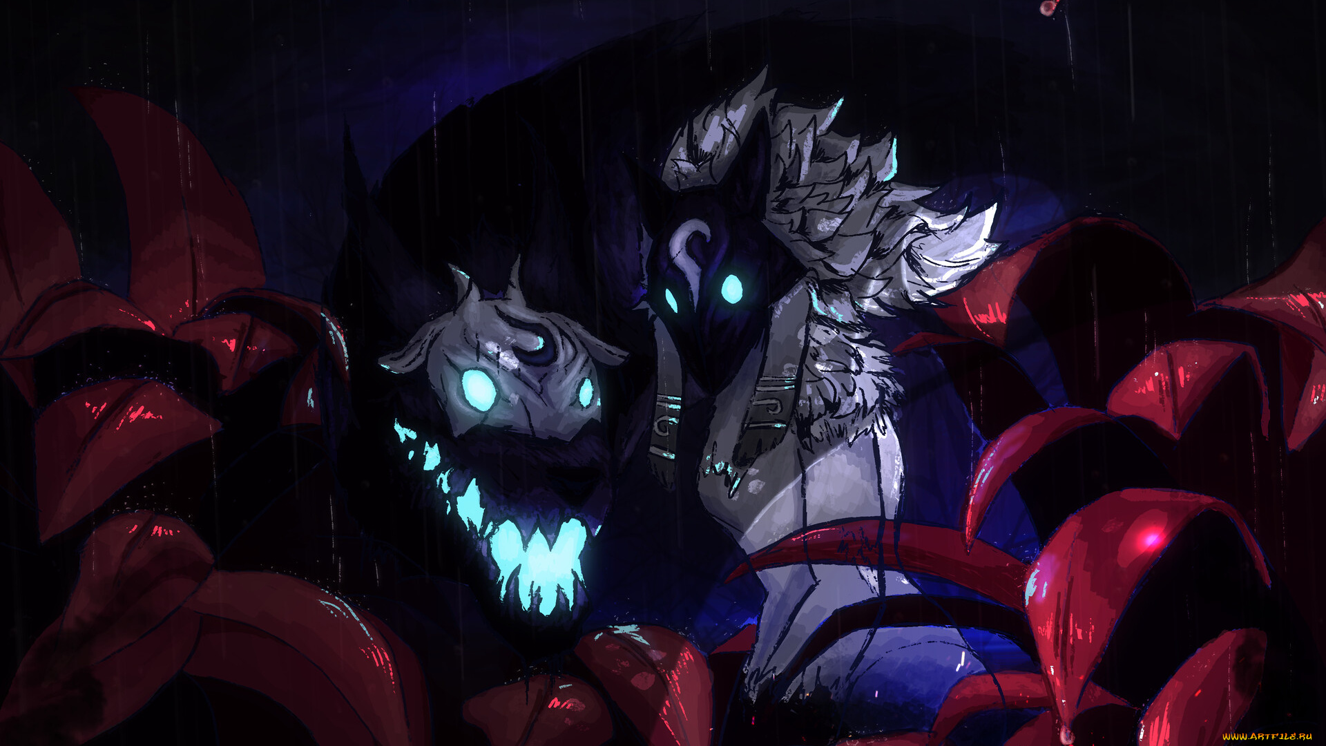 видео, игры, league, of, legends, kindred, дух, листья, дождь