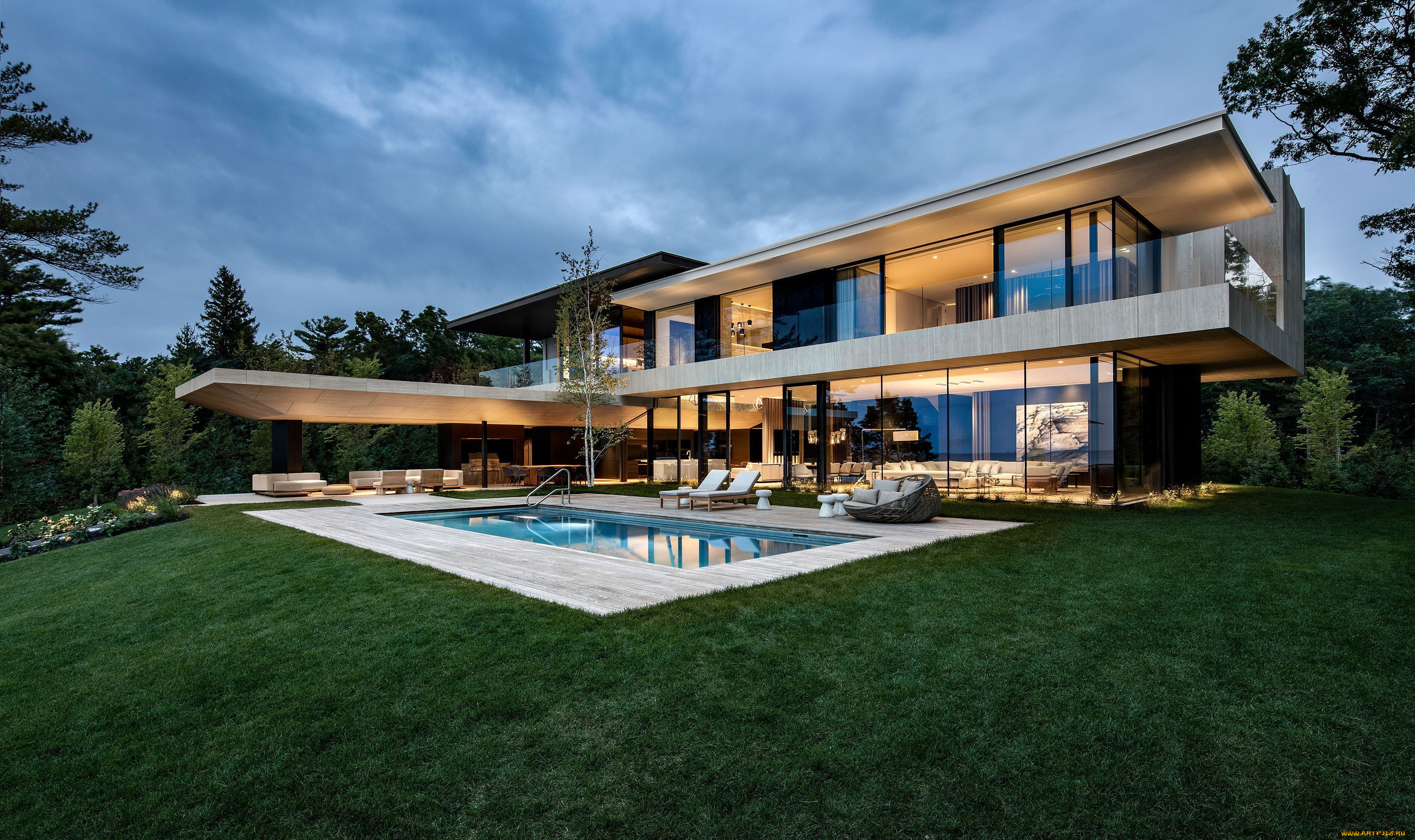 города, -, здания, , дома, вилла, вечер, бассейн, освещение, архитектура, canada, терраса, ontario, lake, huron, by, saota, residence