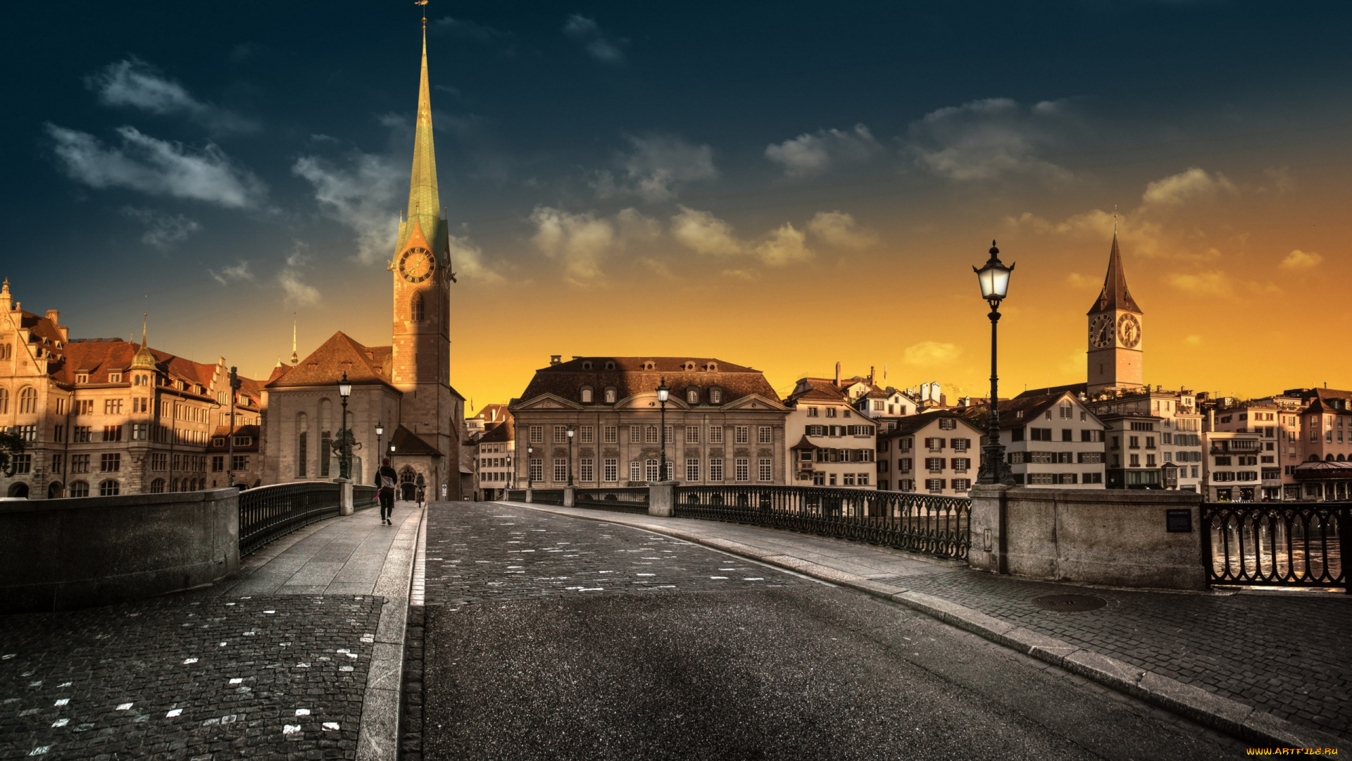 города, цюрих, , швейцария, вечер, мост, фонарь