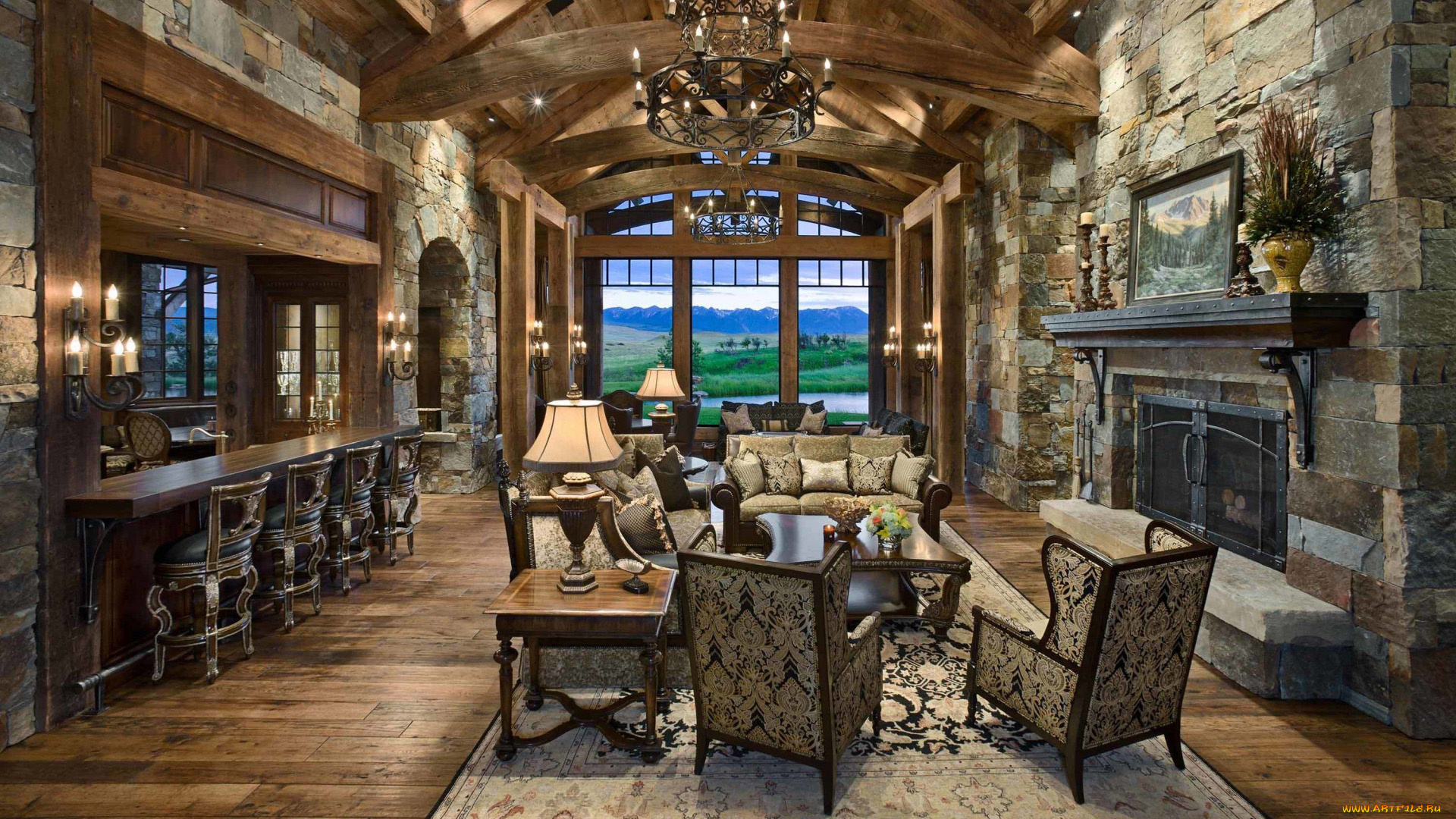 интерьер, гостиная, камин, мягкий, уголок, люстра