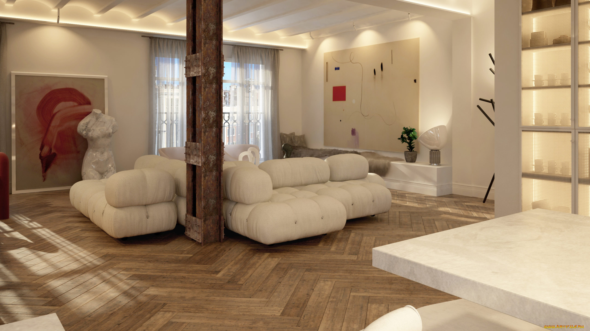 интерьер, гостиная, картины, диваны, скульптура