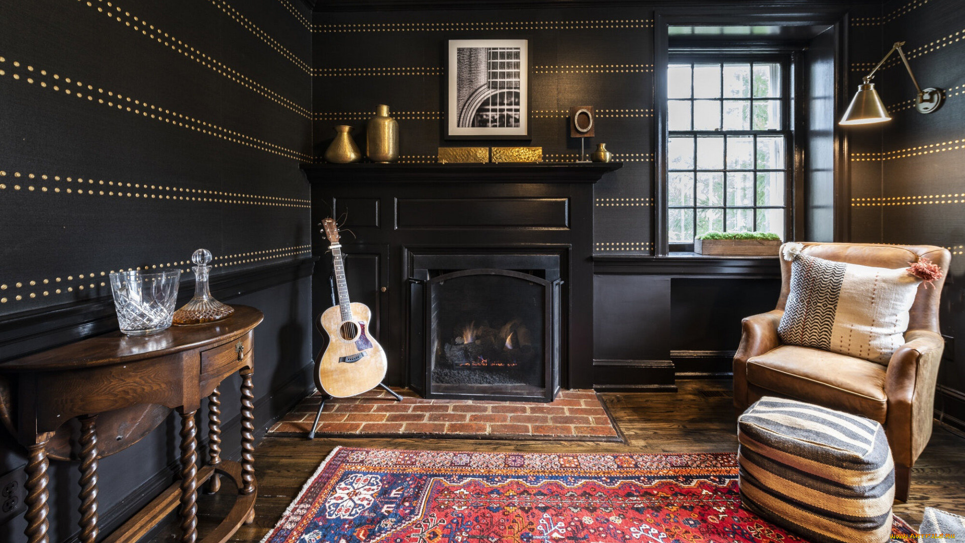 интерьер, кабинет, , библиотека, , офис, камин, кресло, гитара, графин