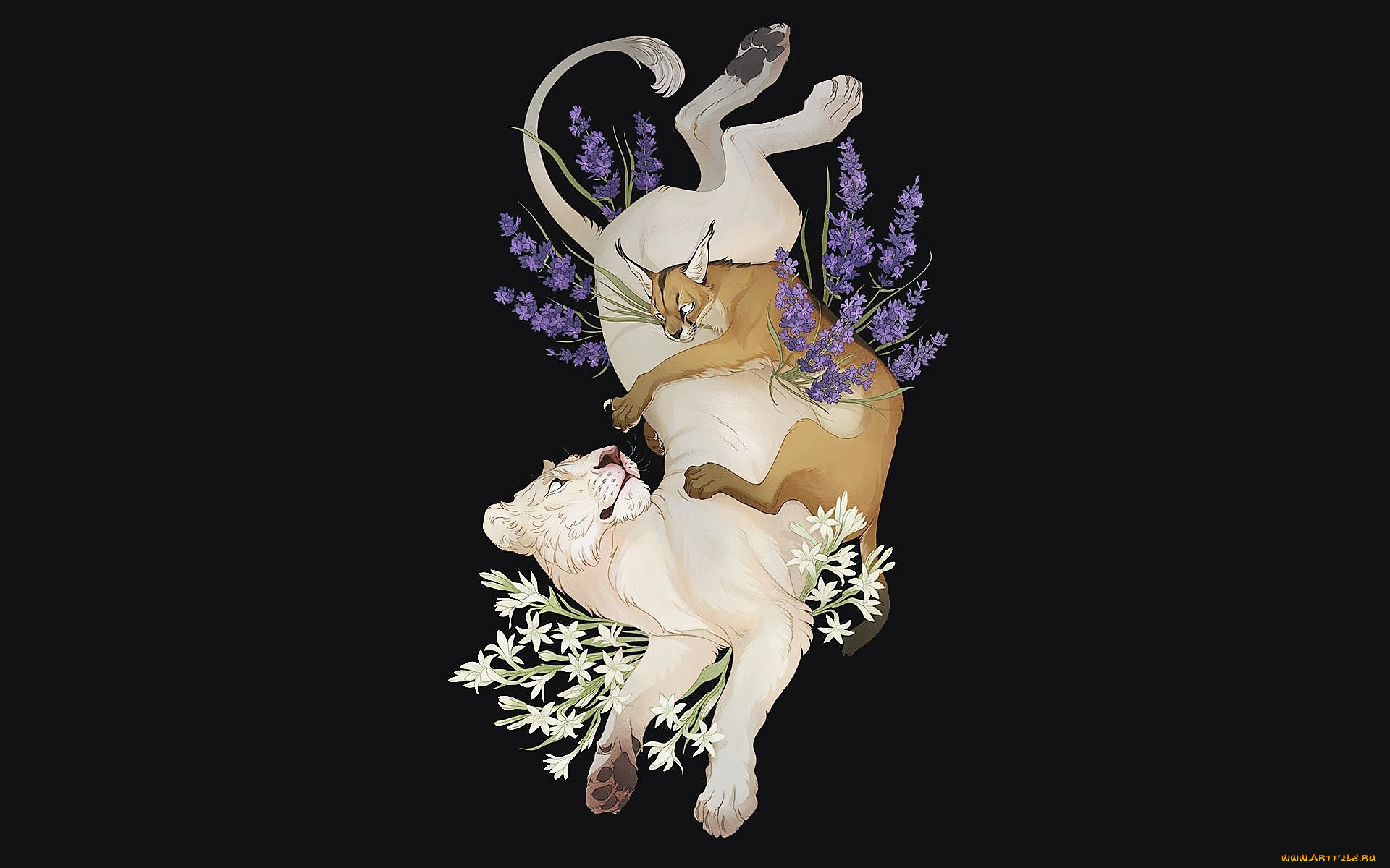 рисованное, животные, лев, рысь, цветы