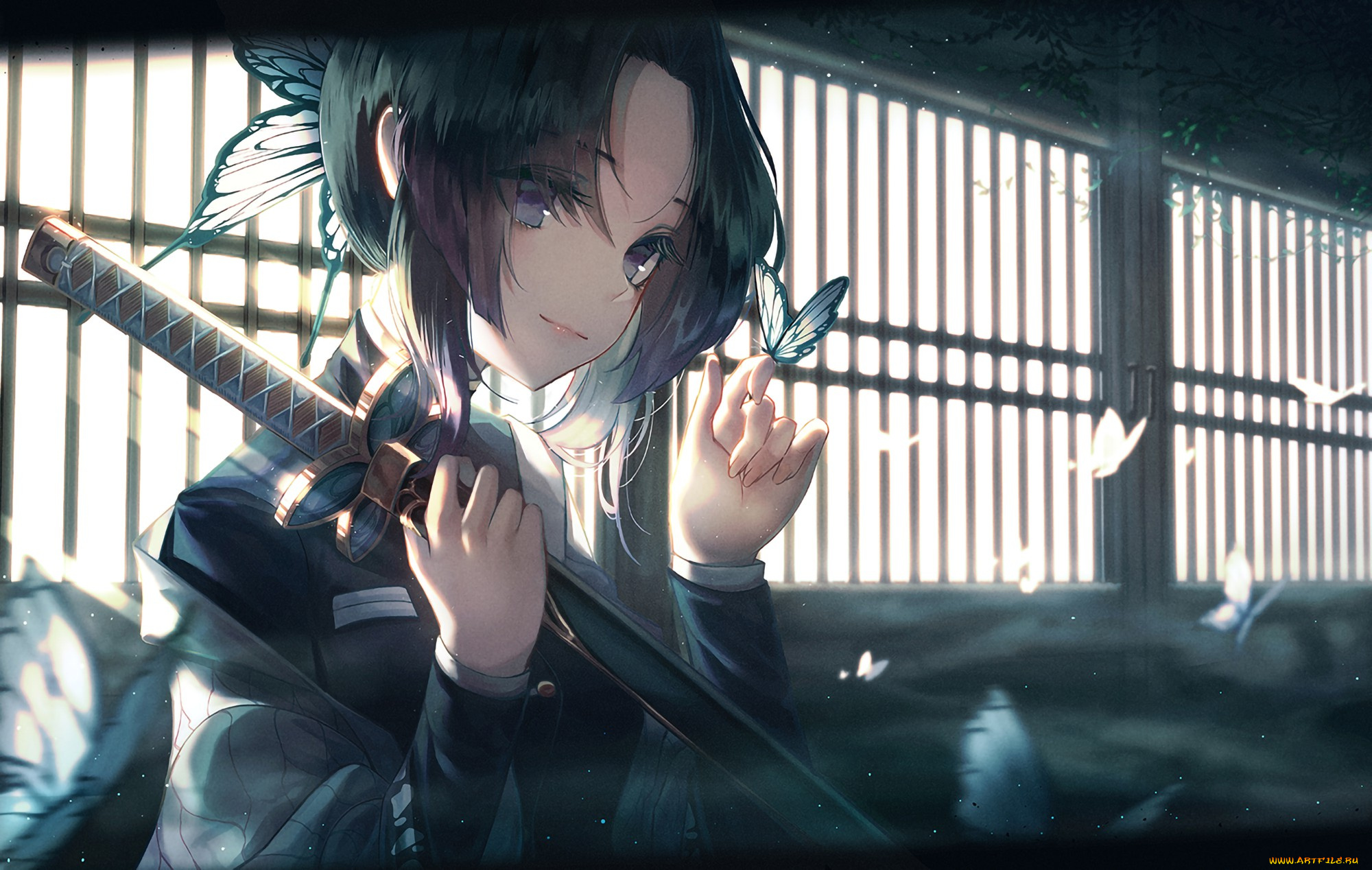 клинок, рассекающий, демонов, аниме, demon, slayer, , kimetsu, no, yaiba, demon, slayer, kimetsu, no, yaiba, девушка, взгляд, хашера, kochou, shinobu, бабочки