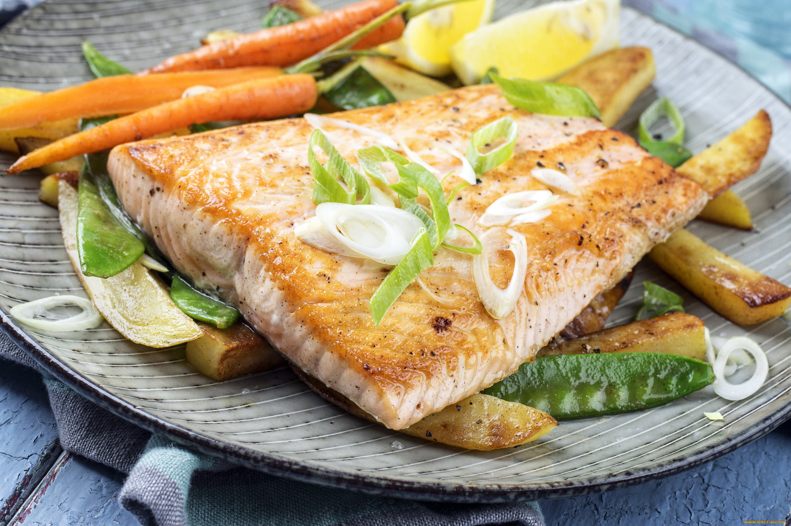 еда, рыбные, блюда, , с, морепродуктами, морковь, лук, форель