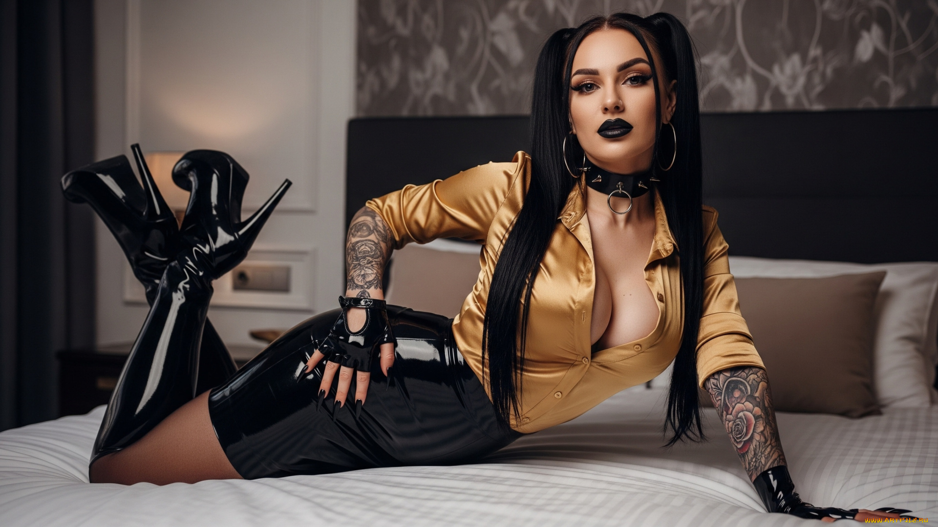 3д, графика, люди, , people, twintails, tattoo, gloves, boots, latex, satin, choker, ai, art