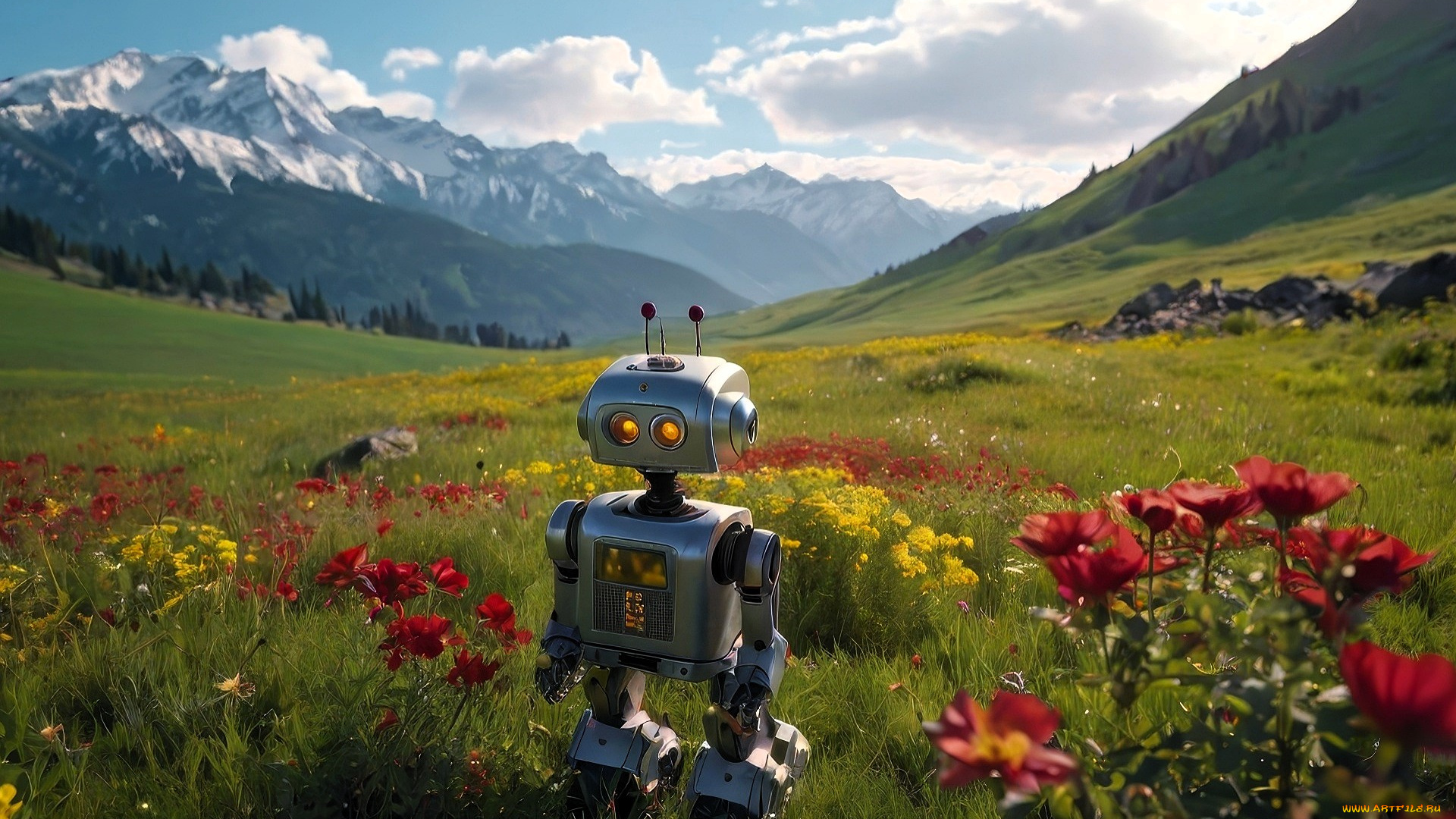 3д, графика, научная, фантастика, , science, fiction, робот, горы, облака, долина, трава, луга, цветы