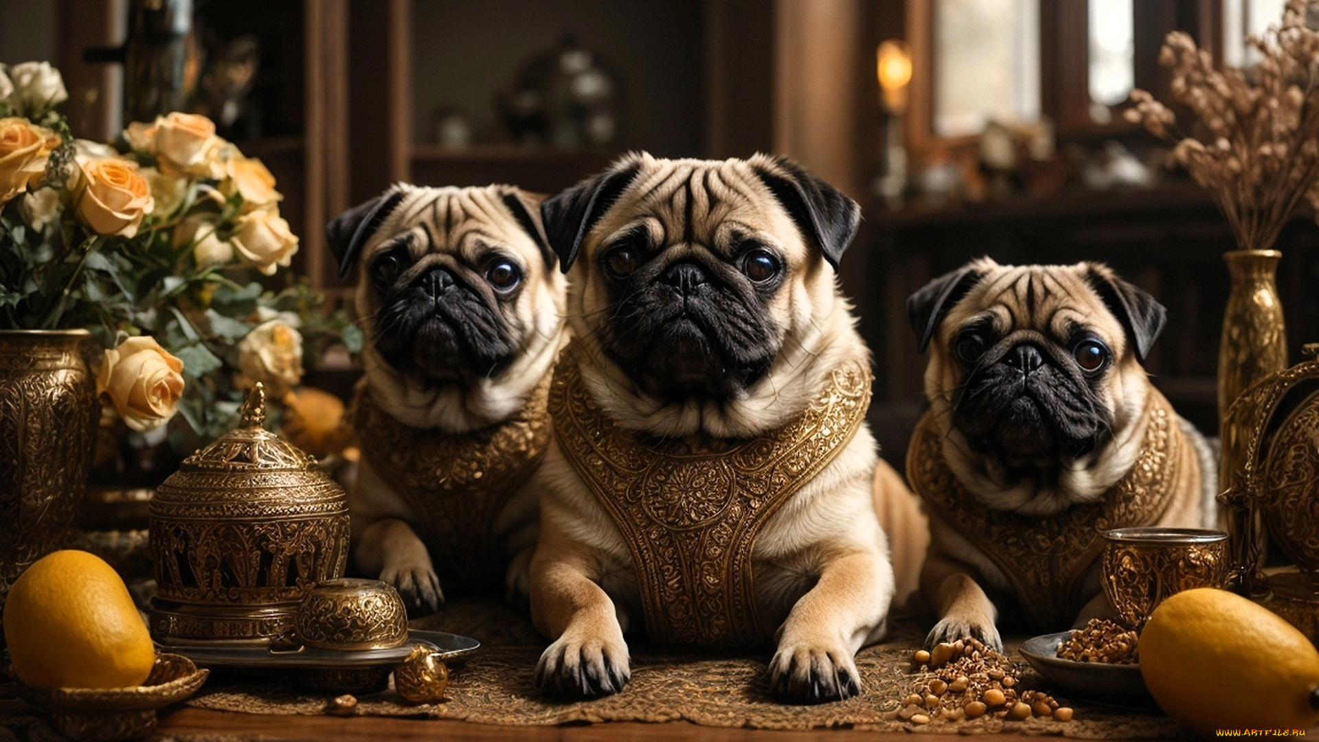 3д, графика, животные, , animals, собаки, мопсы, украшения, стол, посуда, лимоны, цветы