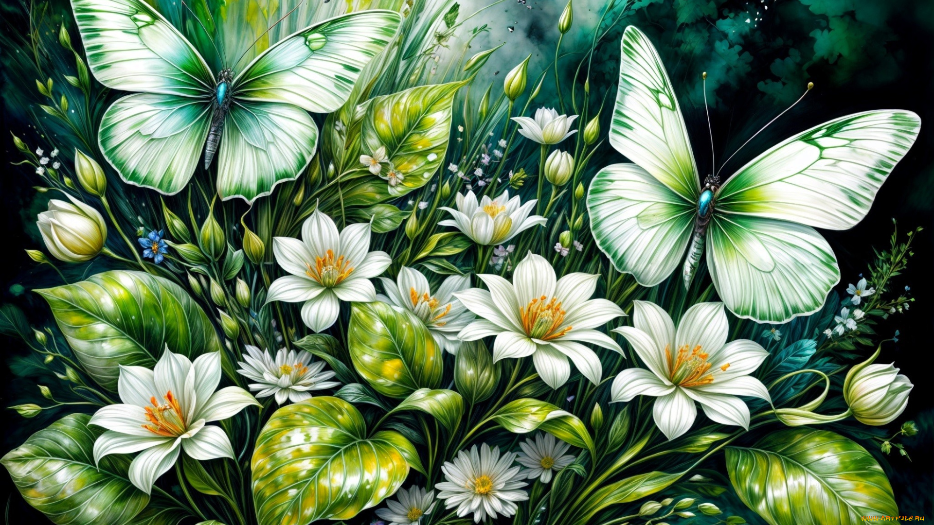 рисованное, цветы, листья, бутоны, бабочки