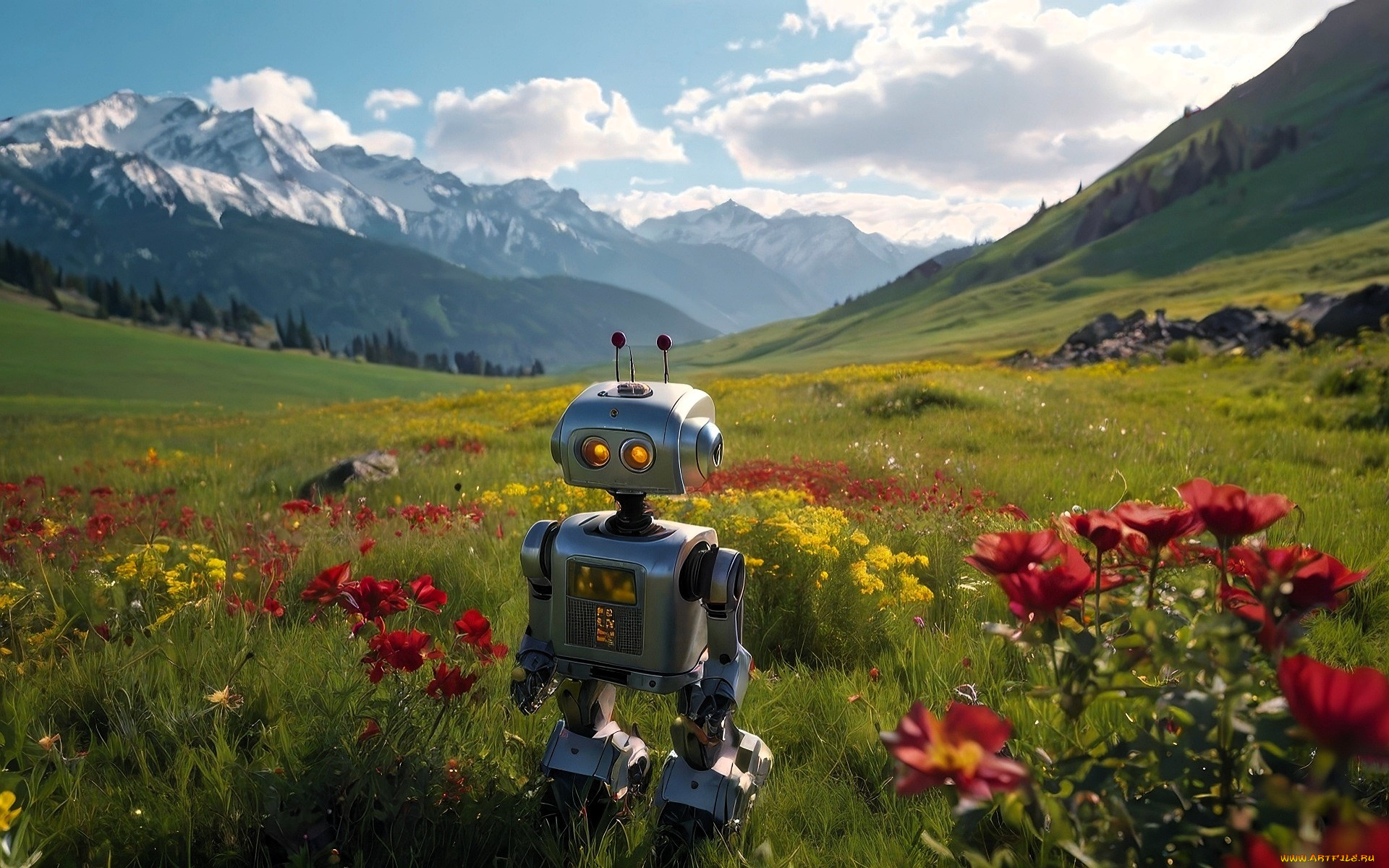 3д, графика, научная, фантастика, , science, fiction, робот, горы, облака, долина, трава, луга, цветы