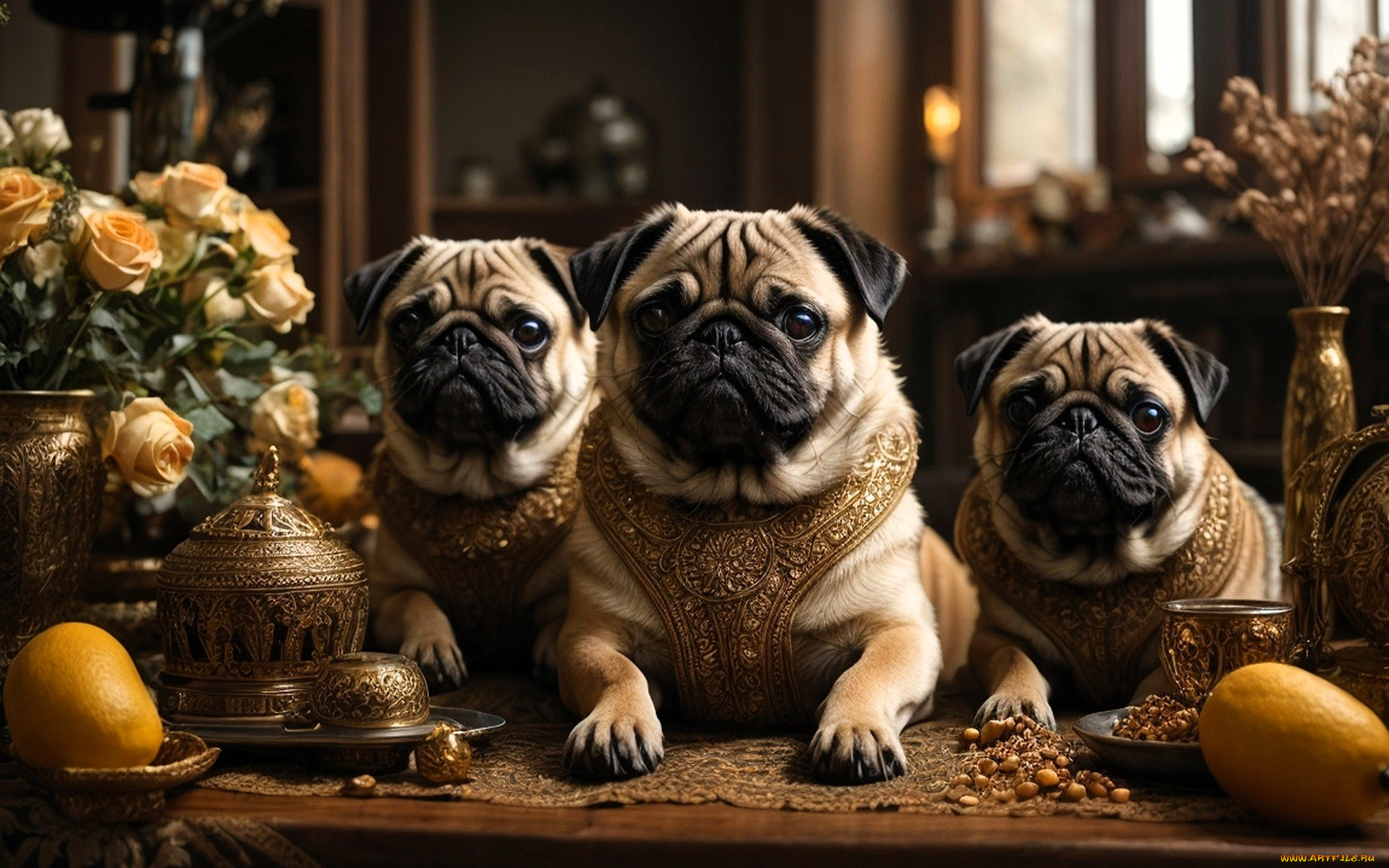 3д, графика, животные, , animals, собаки, мопсы, украшения, стол, посуда, лимоны, цветы