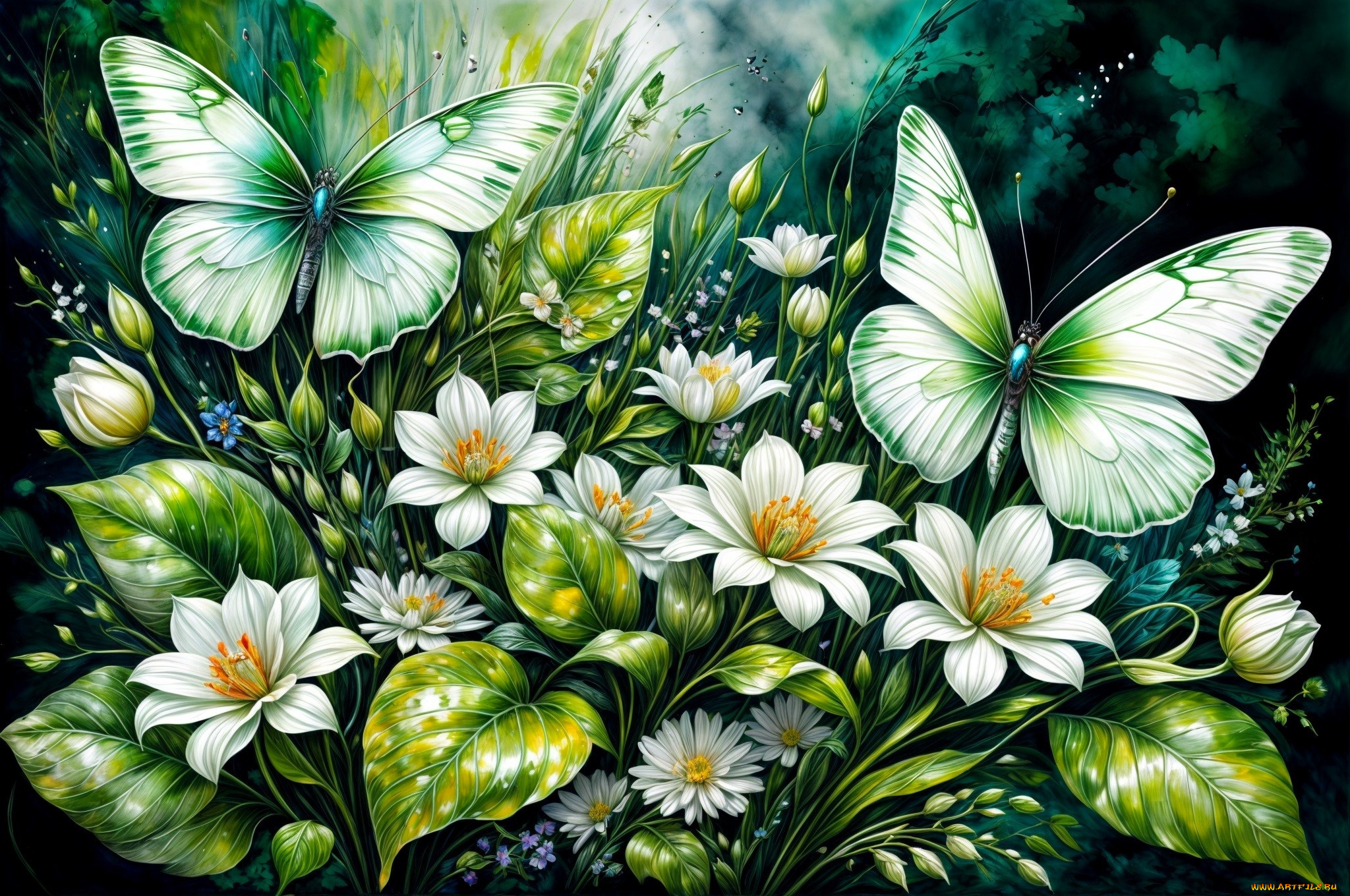 рисованное, цветы, листья, бутоны, бабочки