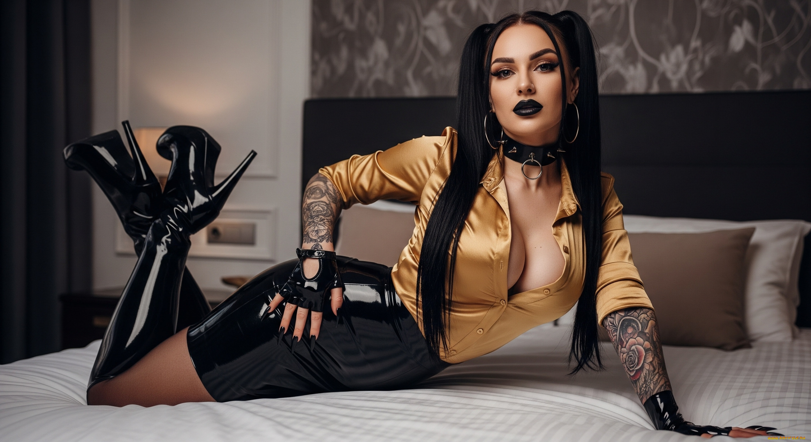 3д, графика, люди, , people, twintails, tattoo, gloves, boots, latex, satin, choker, ai, art
