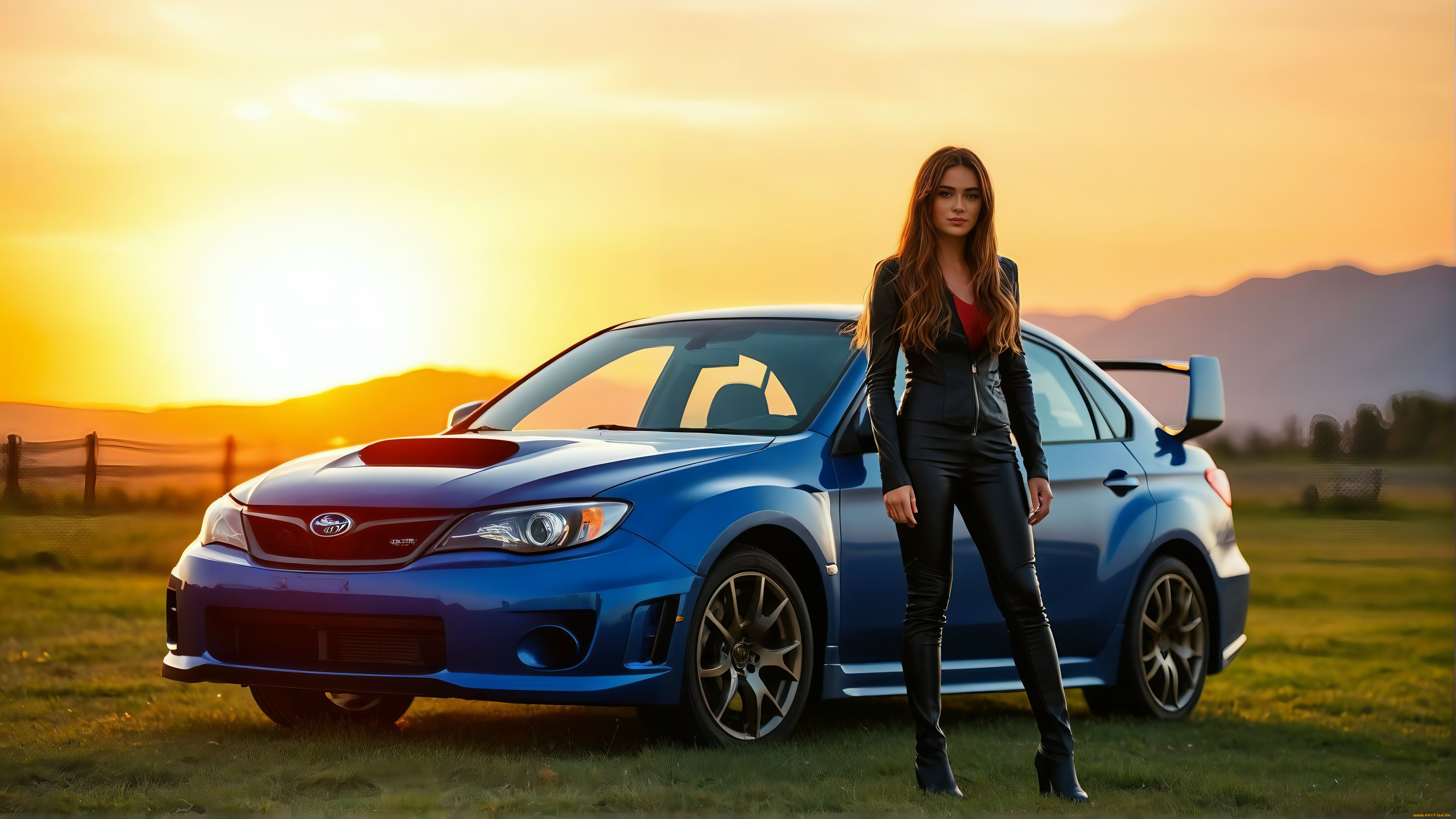 3д, графика, люди-авто, мото, , people-, car, , , moto, subaru, girl, sun, mountain, wrx, ai, art, generated