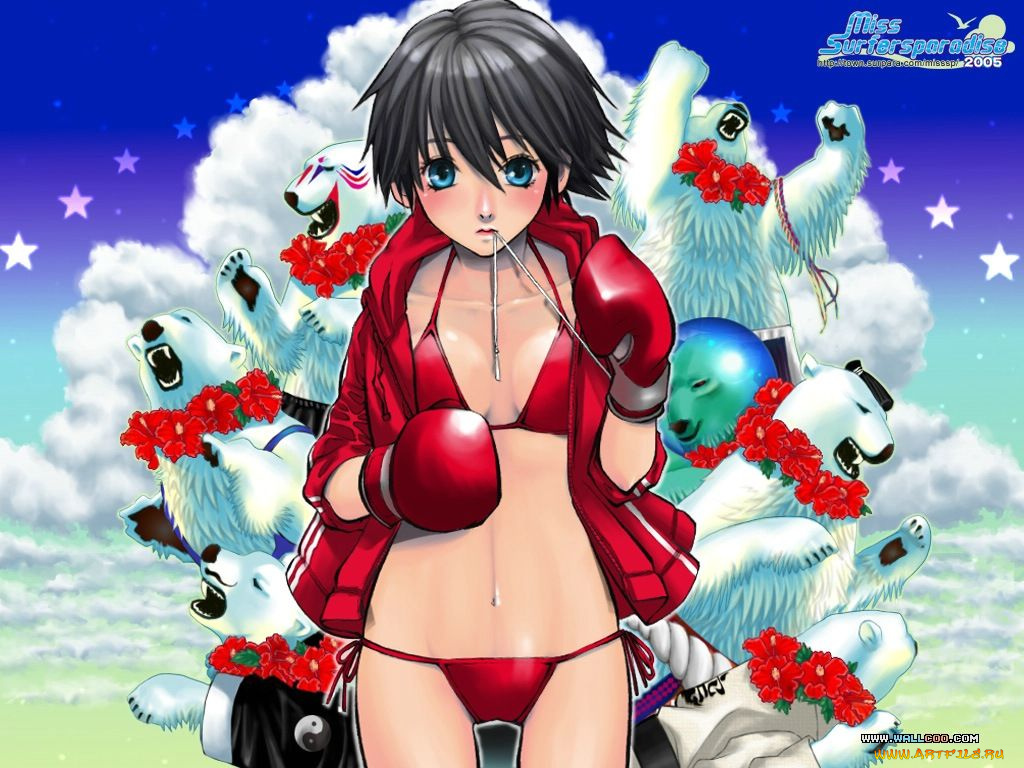 аниме, miss, surfersparadise, девушка, глаза, волосы, медведи, перчатки, бокс